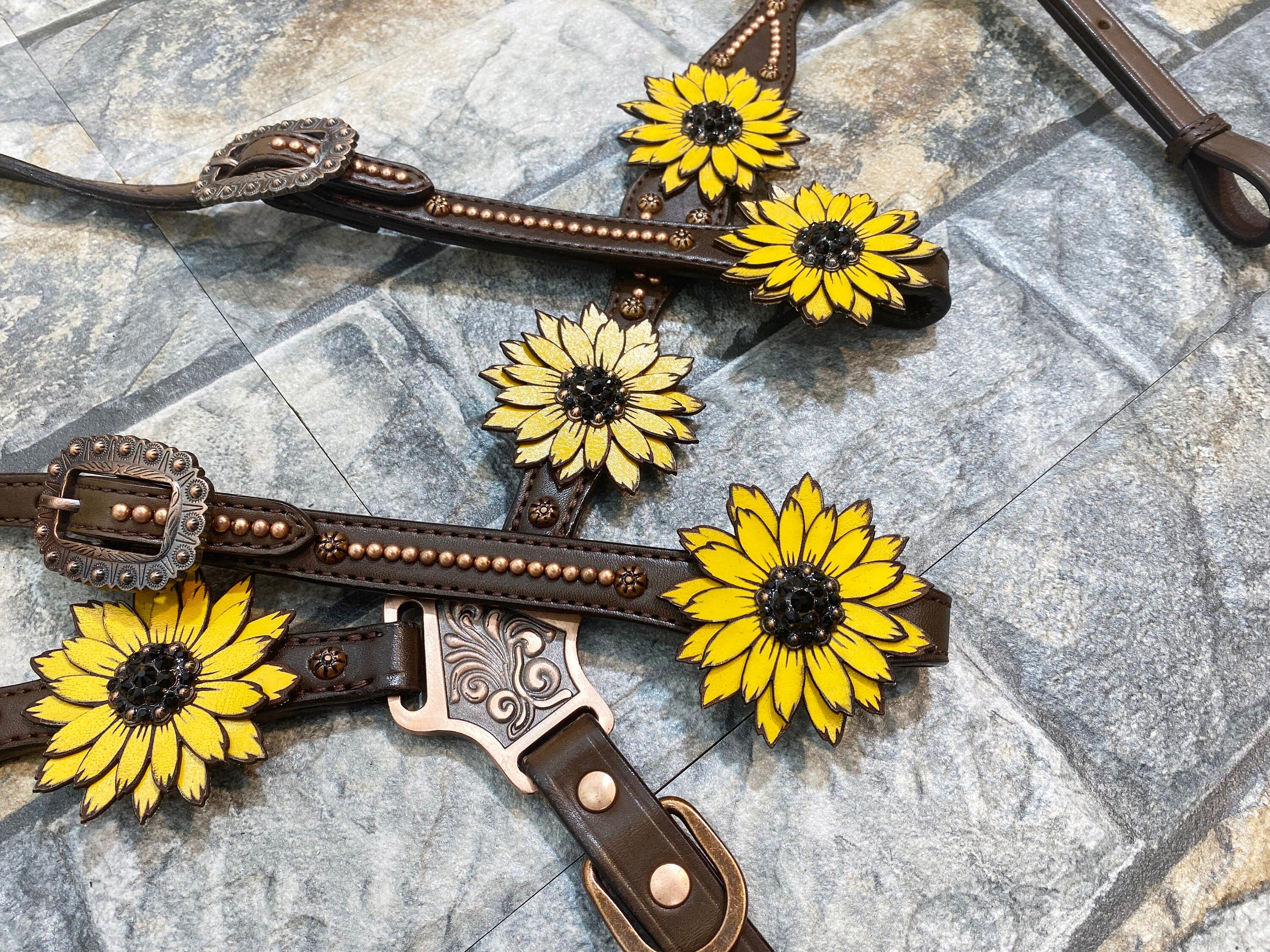 MOUSM Western Headstall & Breast Collar Set – Made with Argentina Cow Leather, Decorated with Copper Studs, Hand-Painted Laser Cut Sunflower & Black Rhinestone Conchos