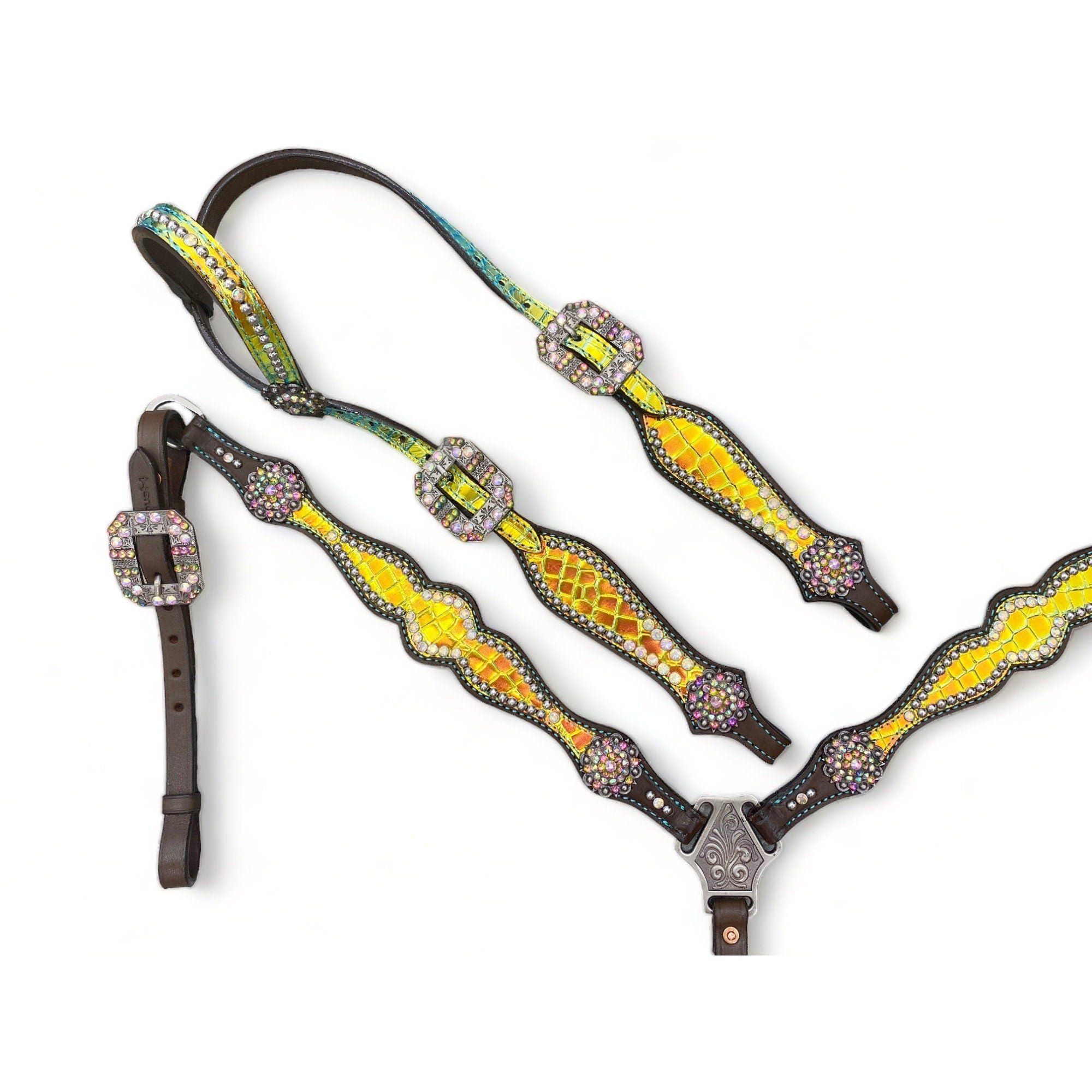 MOUSM Western Headstall & Breast Collar Set – Made with Argentina Cow Leather, Decorated with Yellow & Green Holographic Metallic Crocodile Leather