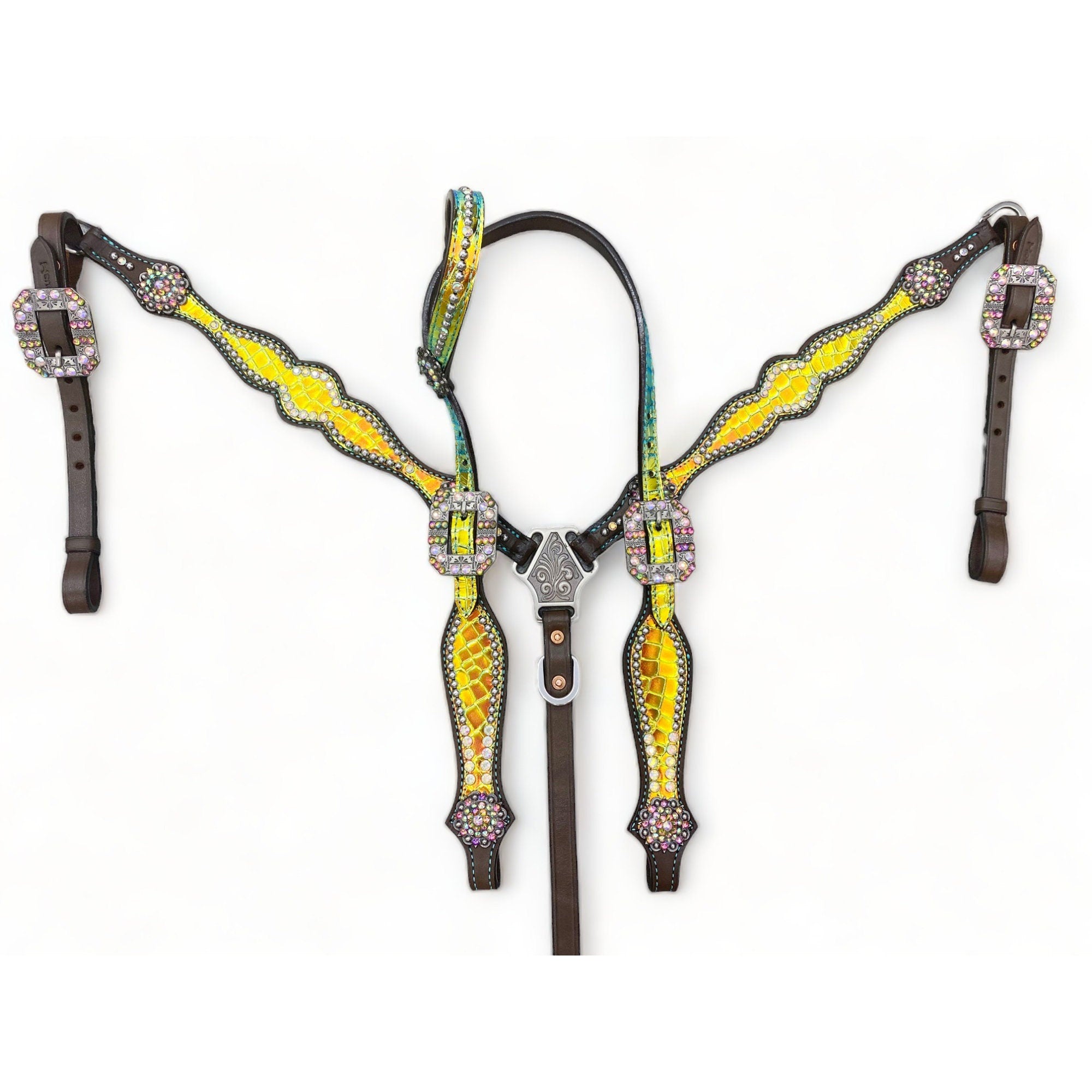 MOUSM Western Headstall & Breast Collar Set – Made with Argentina Cow Leather, Decorated with Yellow & Green Holographic Metallic Crocodile Leather