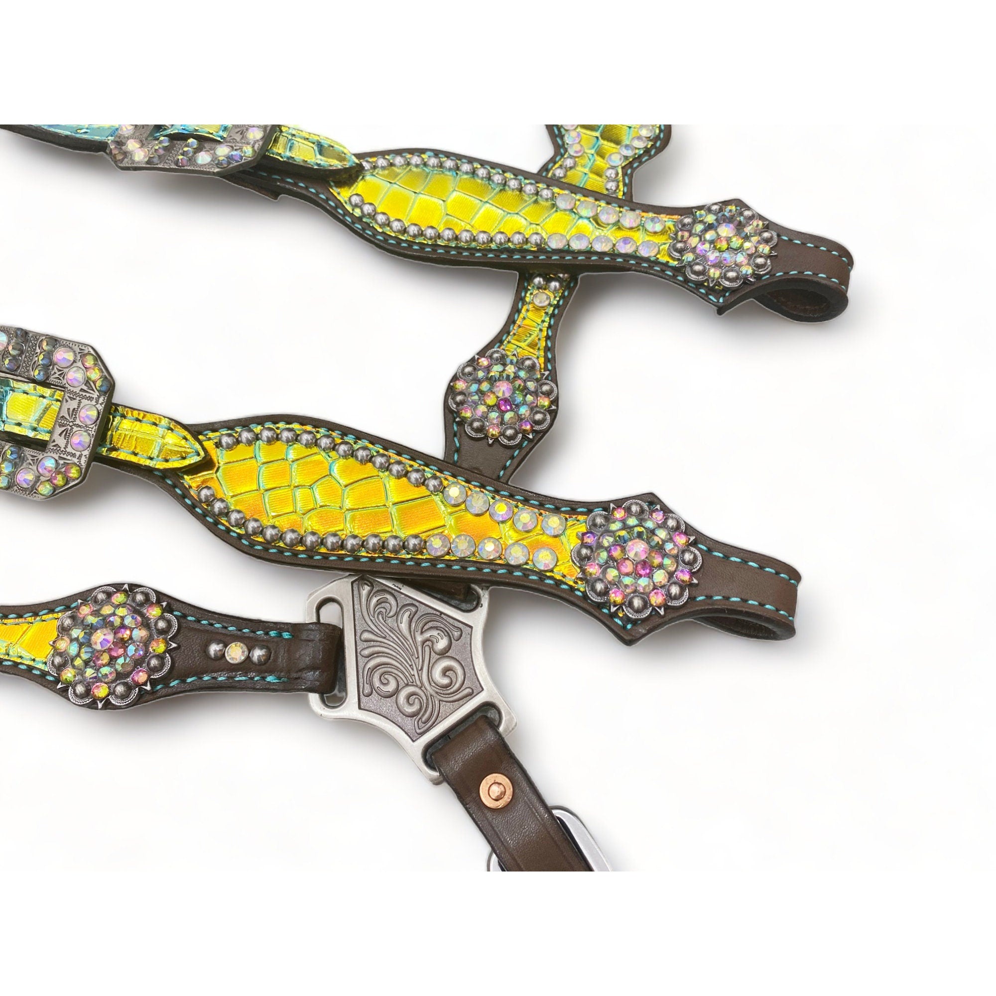 MOUSM Western Headstall & Breast Collar Set – Made with Argentina Cow Leather, Decorated with Yellow & Green Holographic Metallic Crocodile Leather