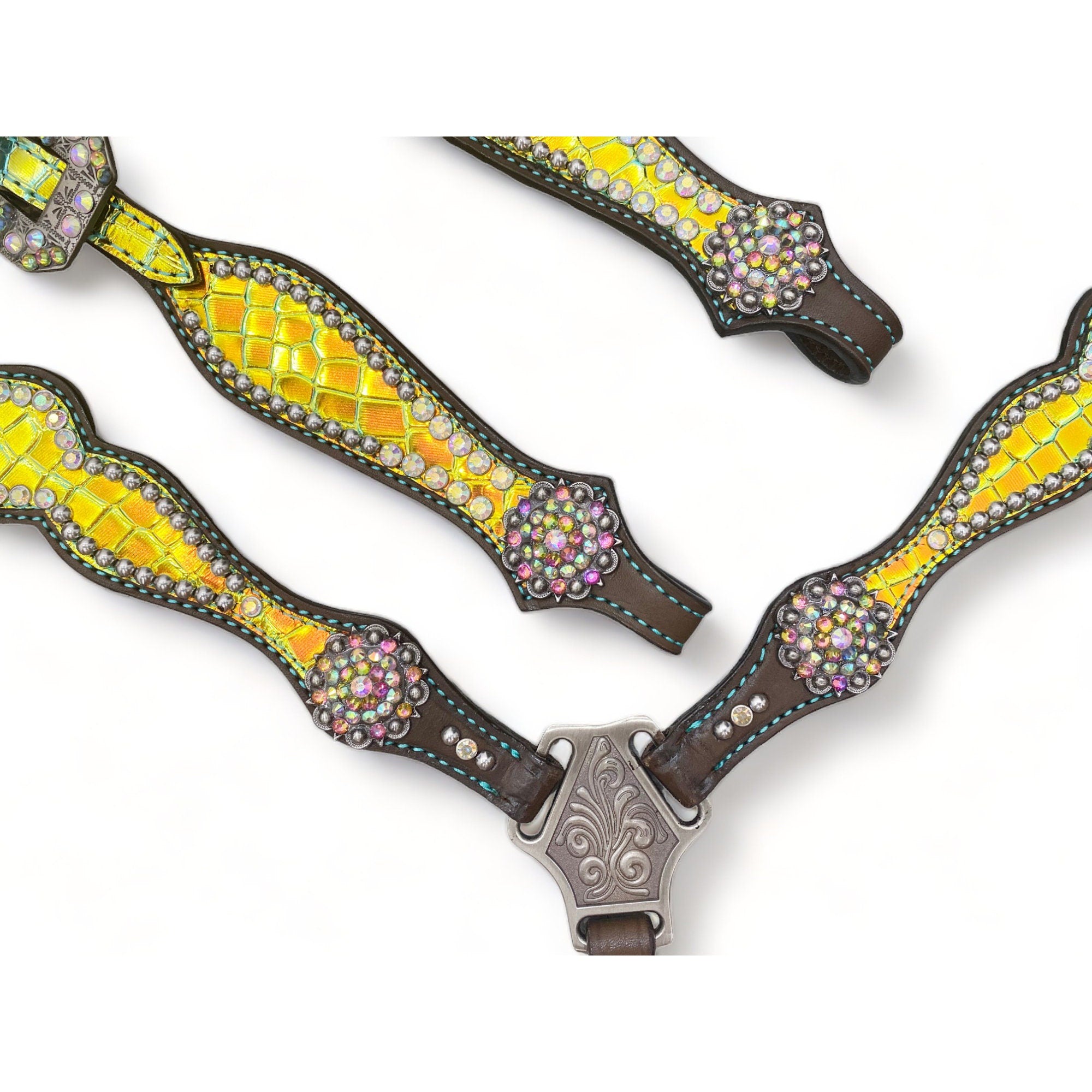 MOUSM Western Headstall & Breast Collar Set – Made with Argentina Cow Leather, Decorated with Yellow & Green Holographic Metallic Crocodile Leather