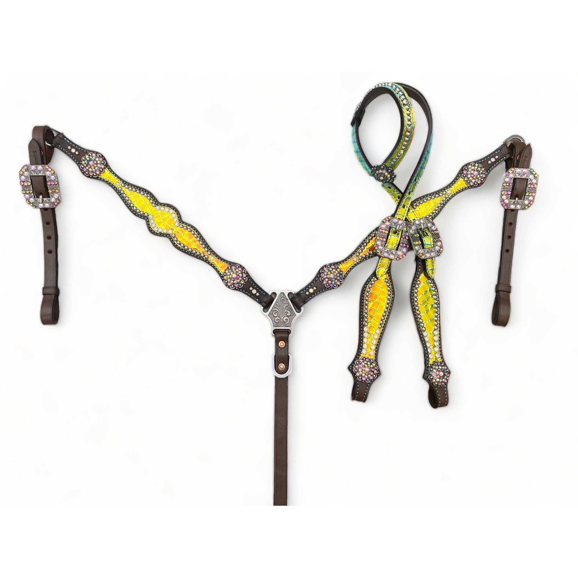 MOUSM Western Headstall & Breast Collar Set – Made with Argentina Cow Leather, Decorated with Yellow & Green Holographic Metallic Crocodile Leather
