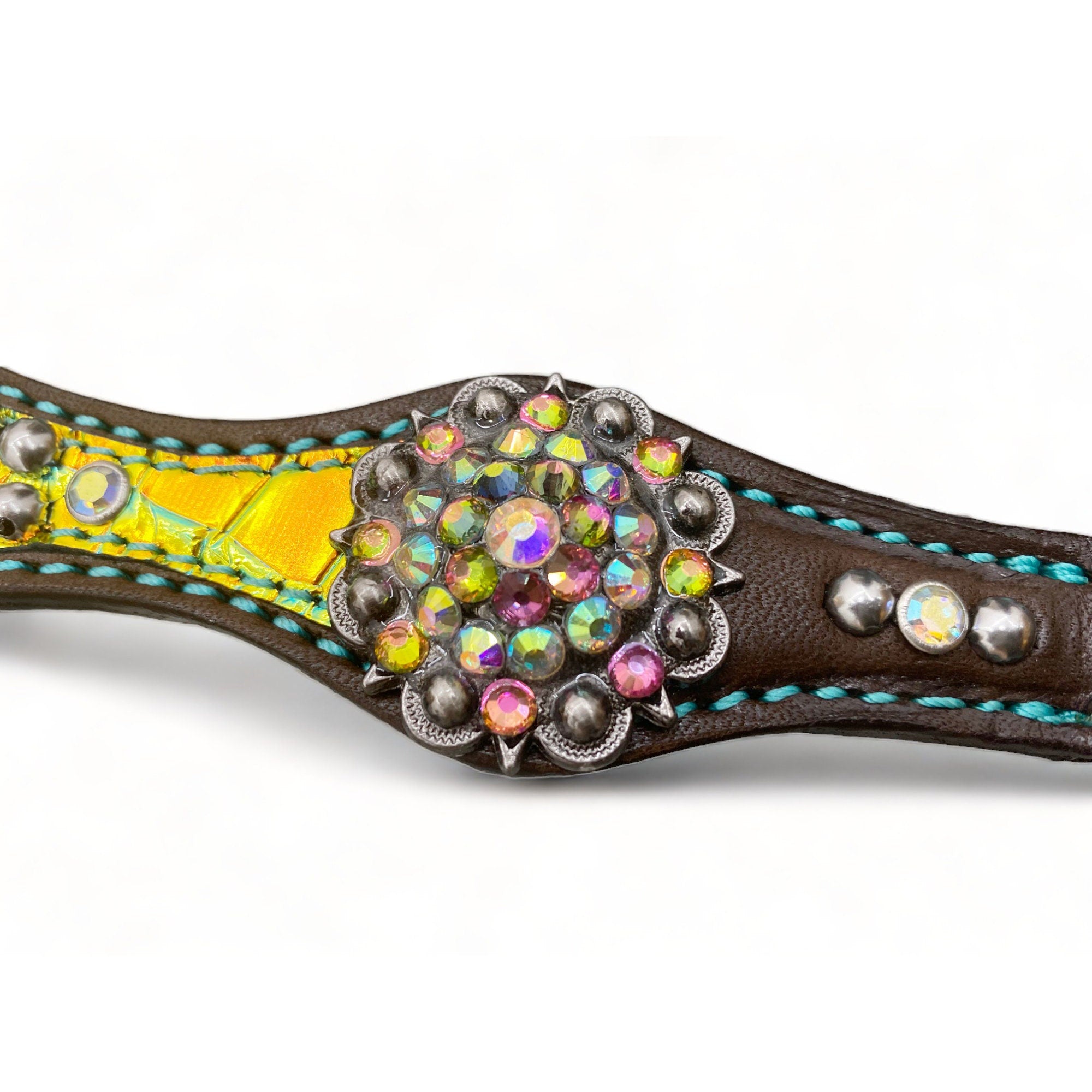 MOUSM Western Headstall & Breast Collar Set – Made with Argentina Cow Leather, Decorated with Yellow & Green Holographic Metallic Crocodile Leather