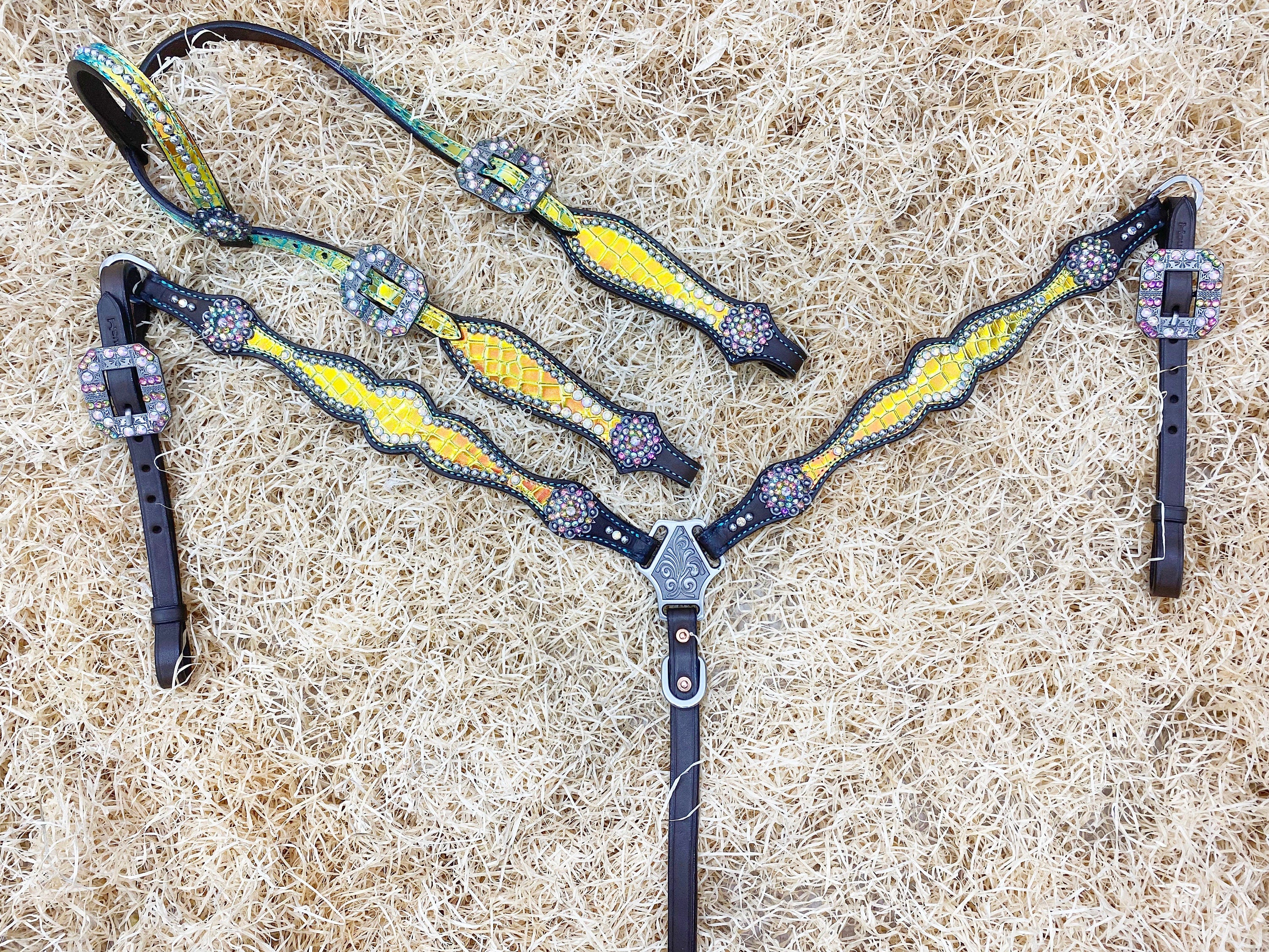 MOUSM Western Headstall & Breast Collar Set – Made with Argentina Cow Leather, Decorated with Yellow & Green Holographic Metallic Crocodile Leather
