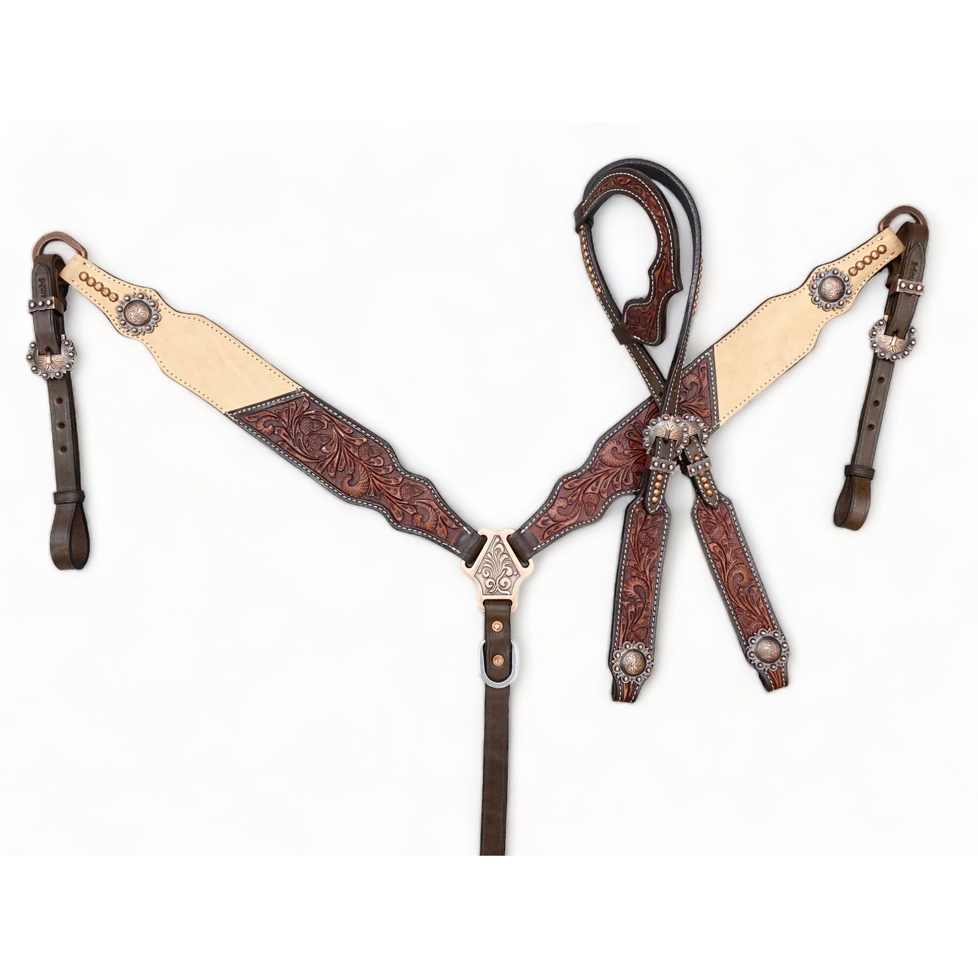 MOUSM Western Bridle and Breast Collar Set - Western Headstall Tack Set Decorated with OAK Fruit Carving Design, Antique Copper Hardware