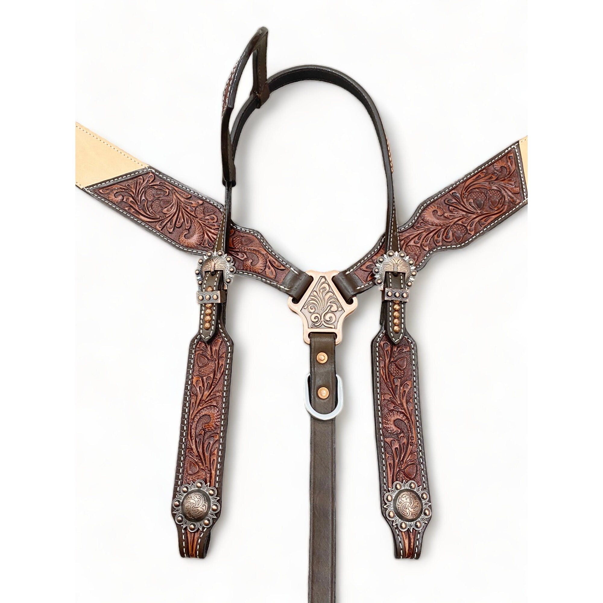 MOUSM Western Bridle and Breast Collar Set - Western Headstall Tack Set Decorated with OAK Fruit Carving Design, Antique Copper Hardware