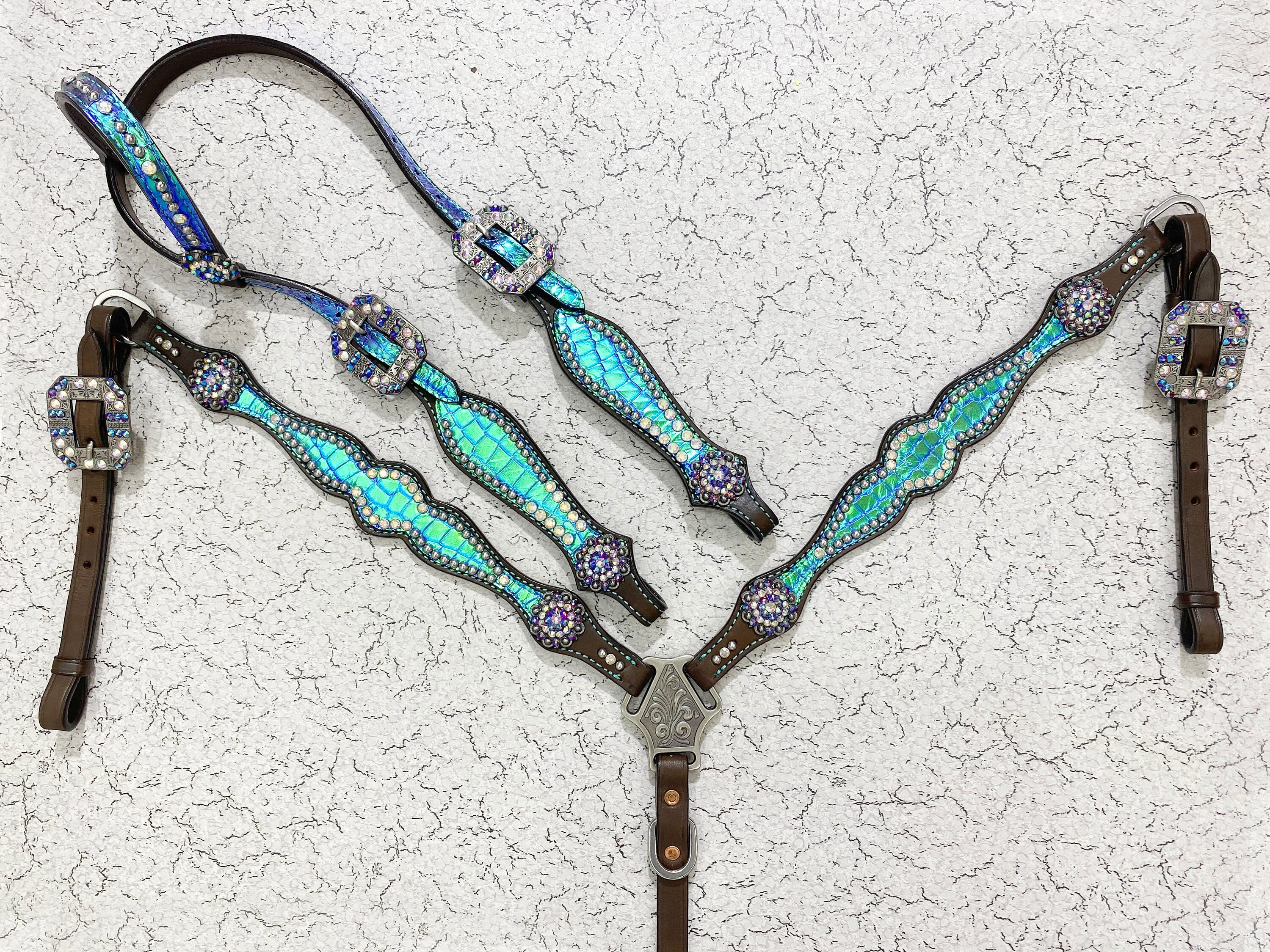 MOUSM Argentina Cow Leather Headstall and Breast Collar Set - Western Bridle Breast Collar Set Turquoise Holographic Alligator Printed Leather