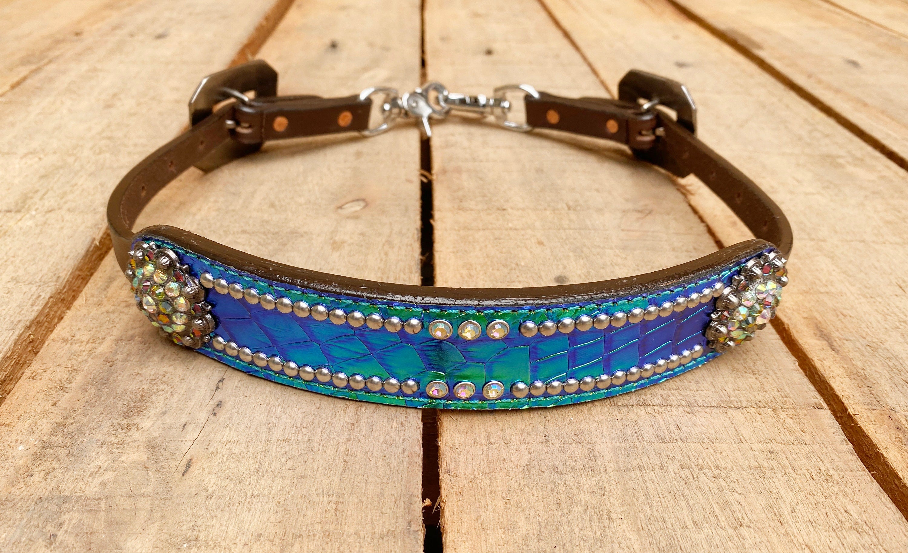MOUSM Argentina Cow Leather Headstall and Breast Collar Set - Western Bridle Breast Collar Set Turquoise Holographic Alligator Printed Leather