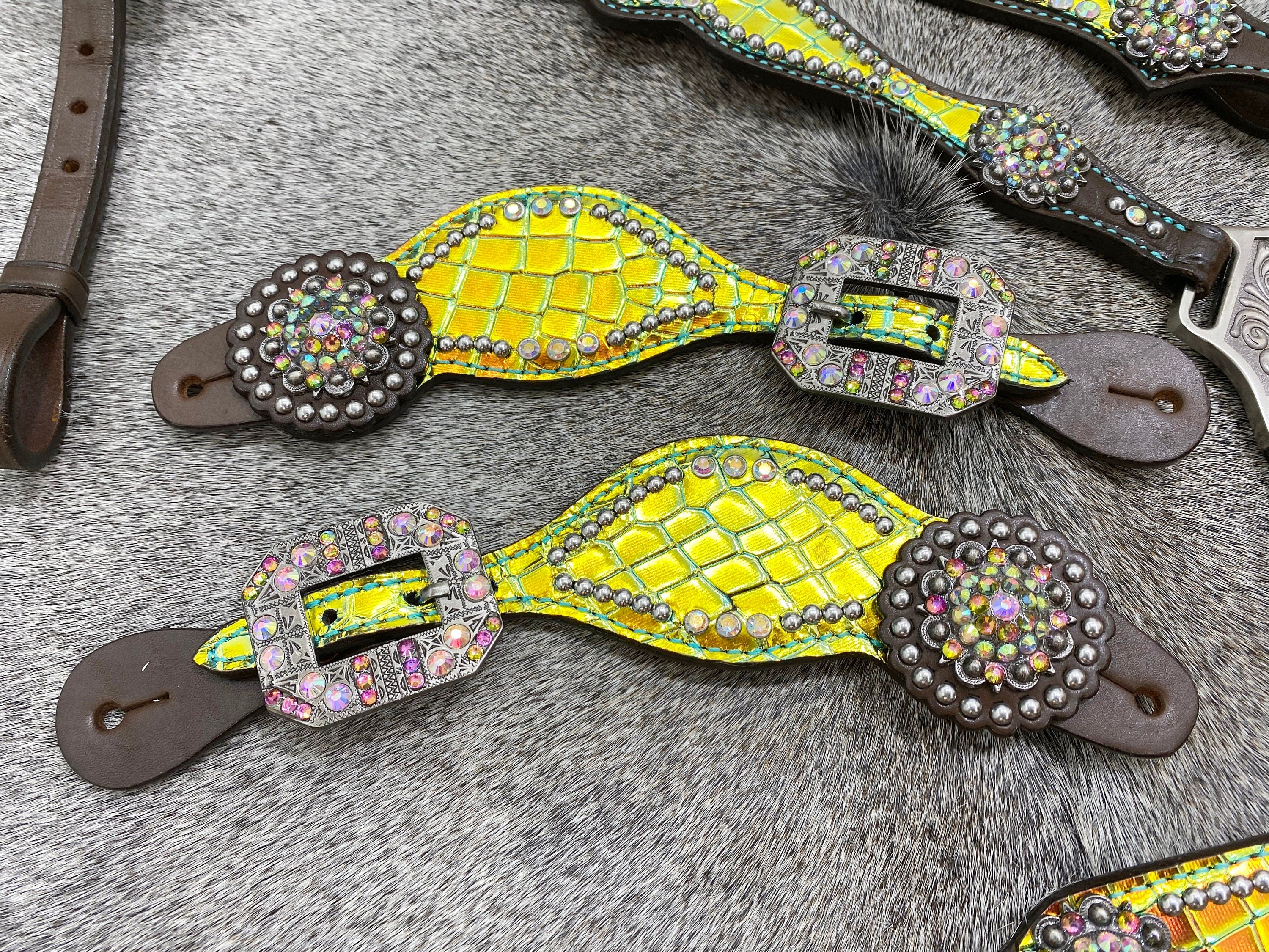 MOUSM Western Horse Bridle & Breast Collar Tack Set – Argentina Cow Leather Western Headstall Tack Decorated with Yellow & Green Holographic Metallic Carving