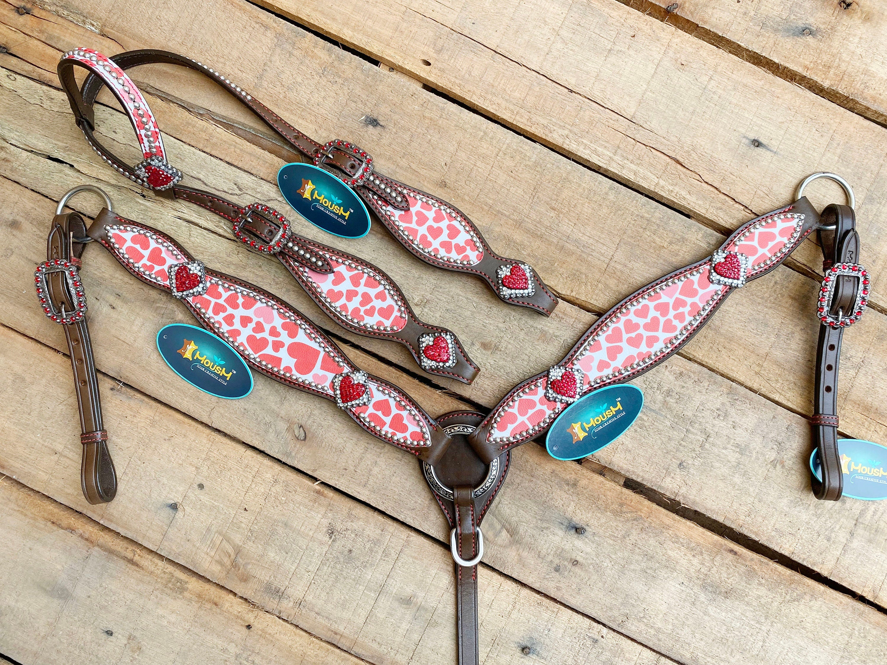 MOUSM Valentine Day Western Headstall and Breast Collar tack Collection – Western Bridles and Headstalls Decorated with Copper Studs & Printed Heart Inlay