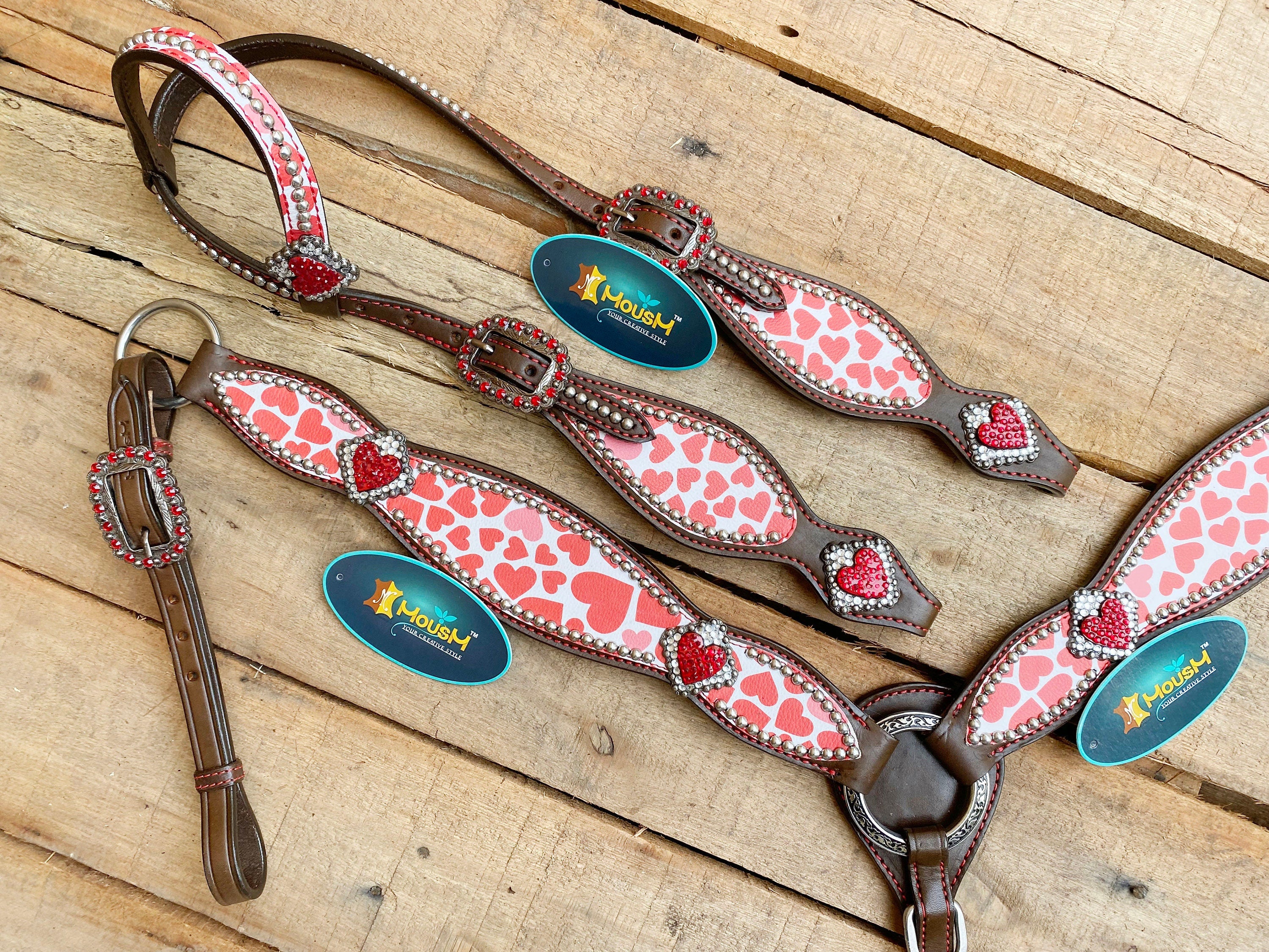 MOUSM Valentine Day Western Headstall and Breast Collar tack Collection – Western Bridles and Headstalls Decorated with Copper Studs & Printed Heart Inlay