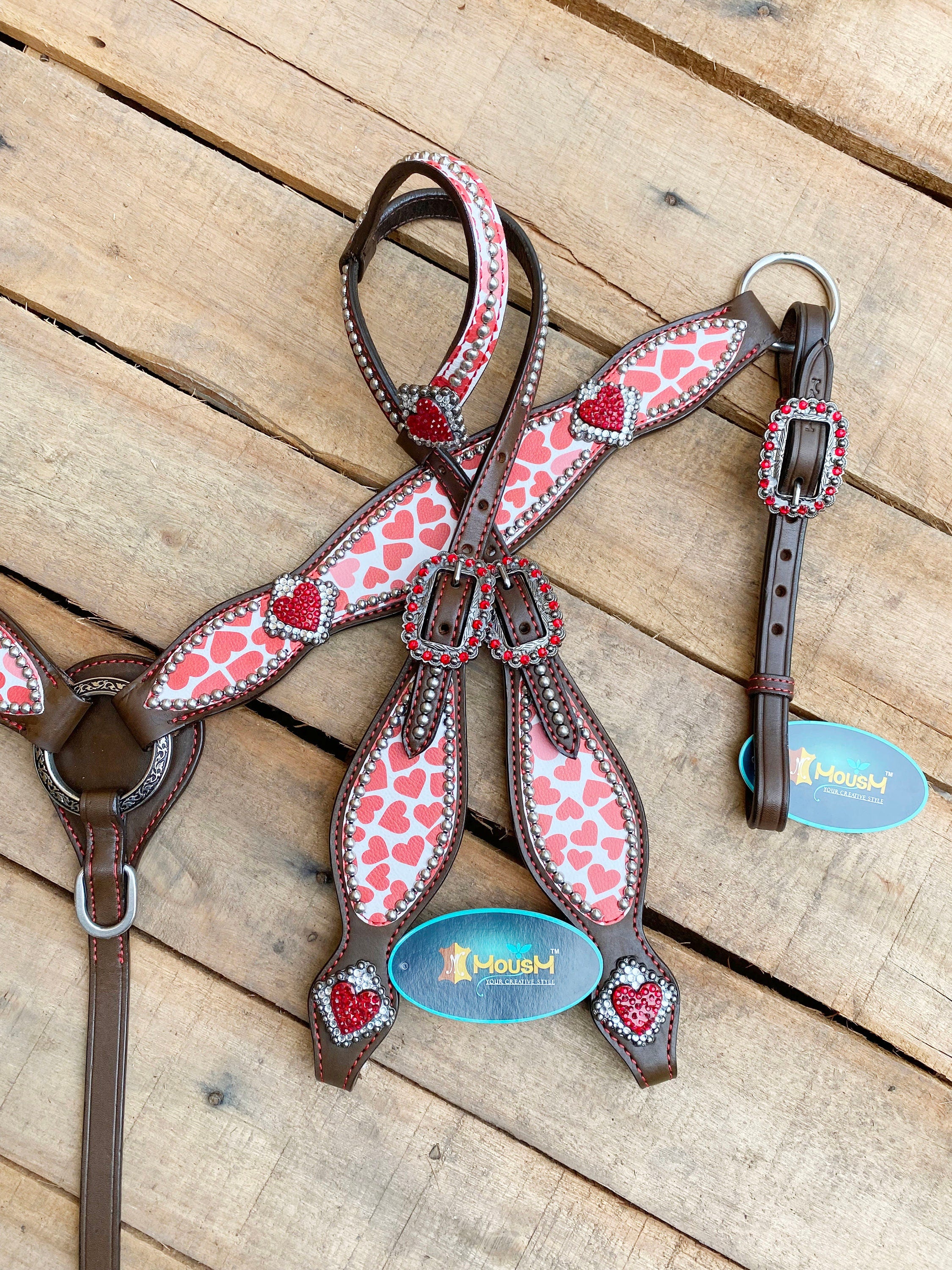 MOUSM Valentine Day Western Headstall and Breast Collar tack Collection – Western Bridles and Headstalls Decorated with Copper Studs & Printed Heart Inlay