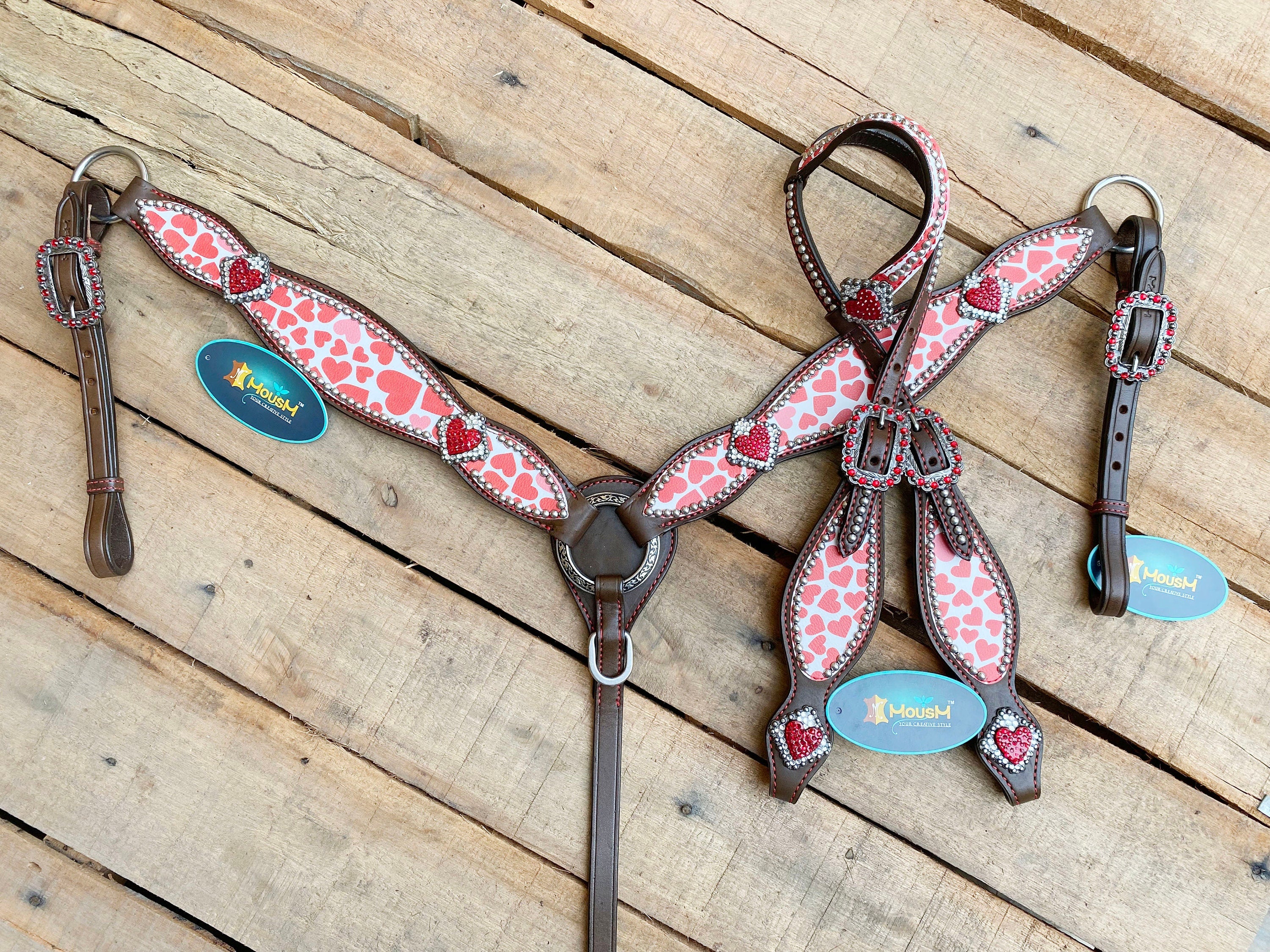 MOUSM Valentine Day Western Headstall and Breast Collar tack Collection – Western Bridles and Headstalls Decorated with Copper Studs & Printed Heart Inlay