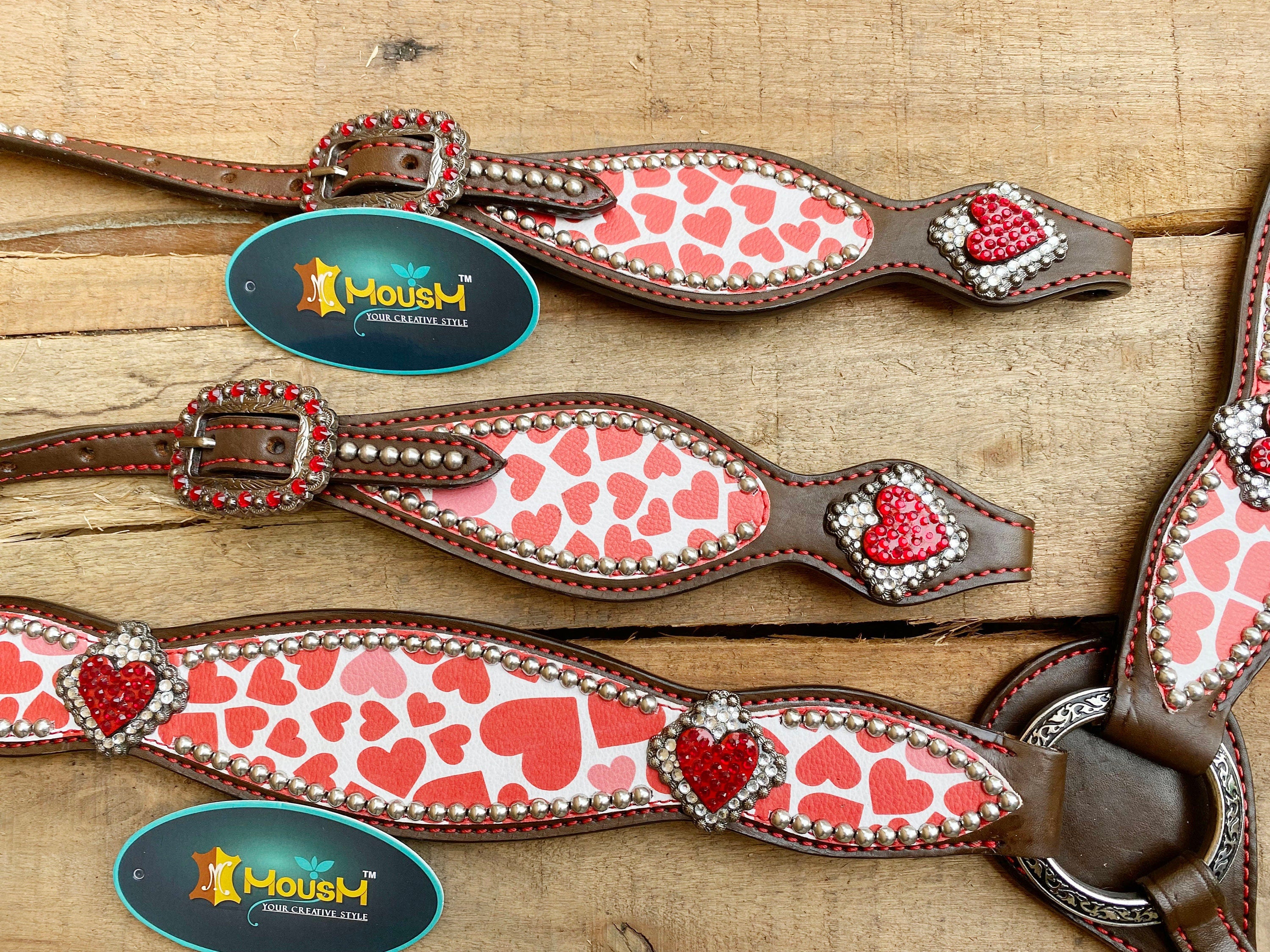 MOUSM Valentine Day Western Headstall and Breast Collar tack Collection – Western Bridles and Headstalls Decorated with Copper Studs & Printed Heart Inlay