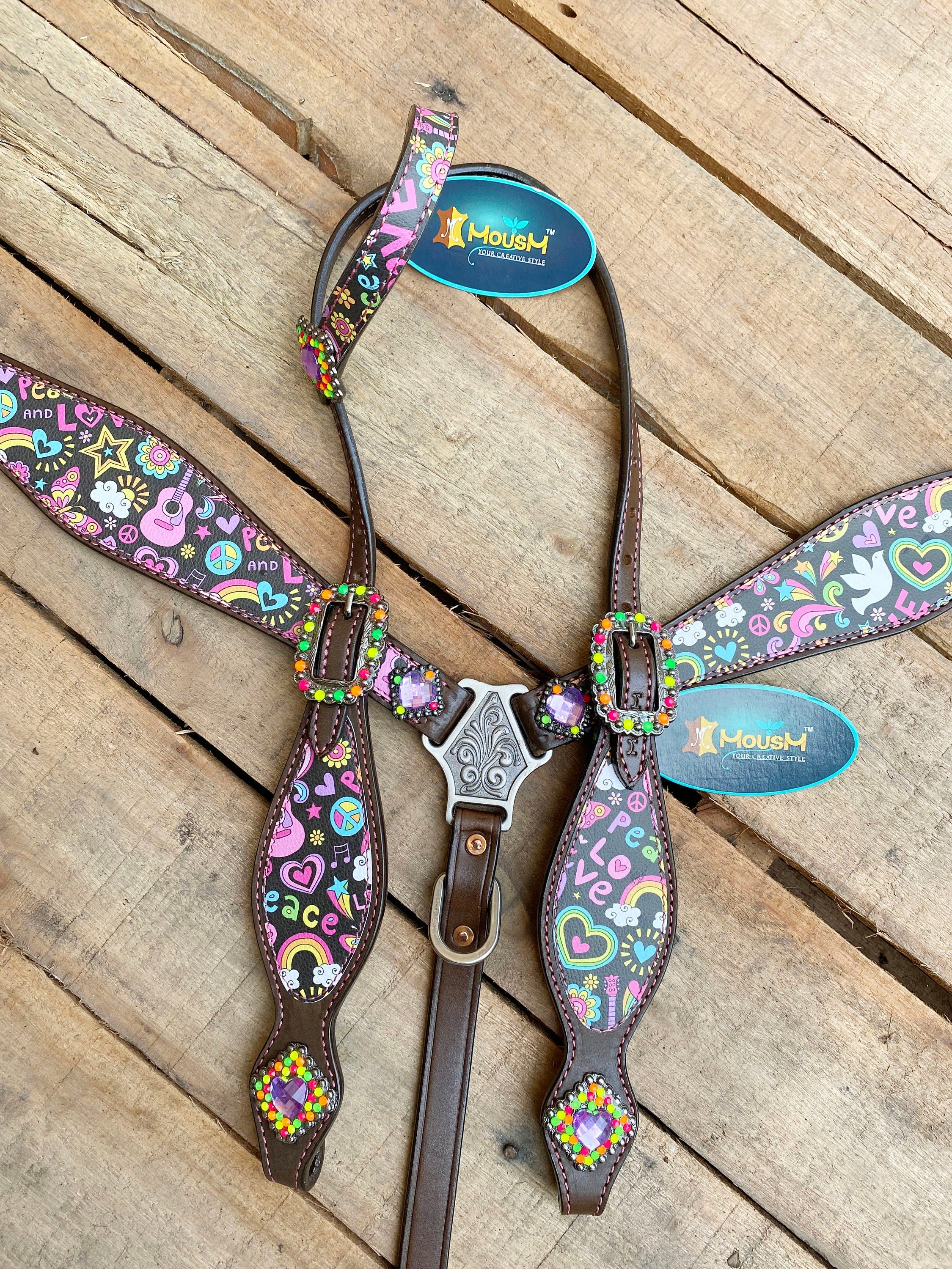 MOUSM Valentine’s Edition Western Headstall and Breast Collar Tack Collection – Western Bridle and Headstall Set Decorated with Printed Celebration Inlay & Copper Studs