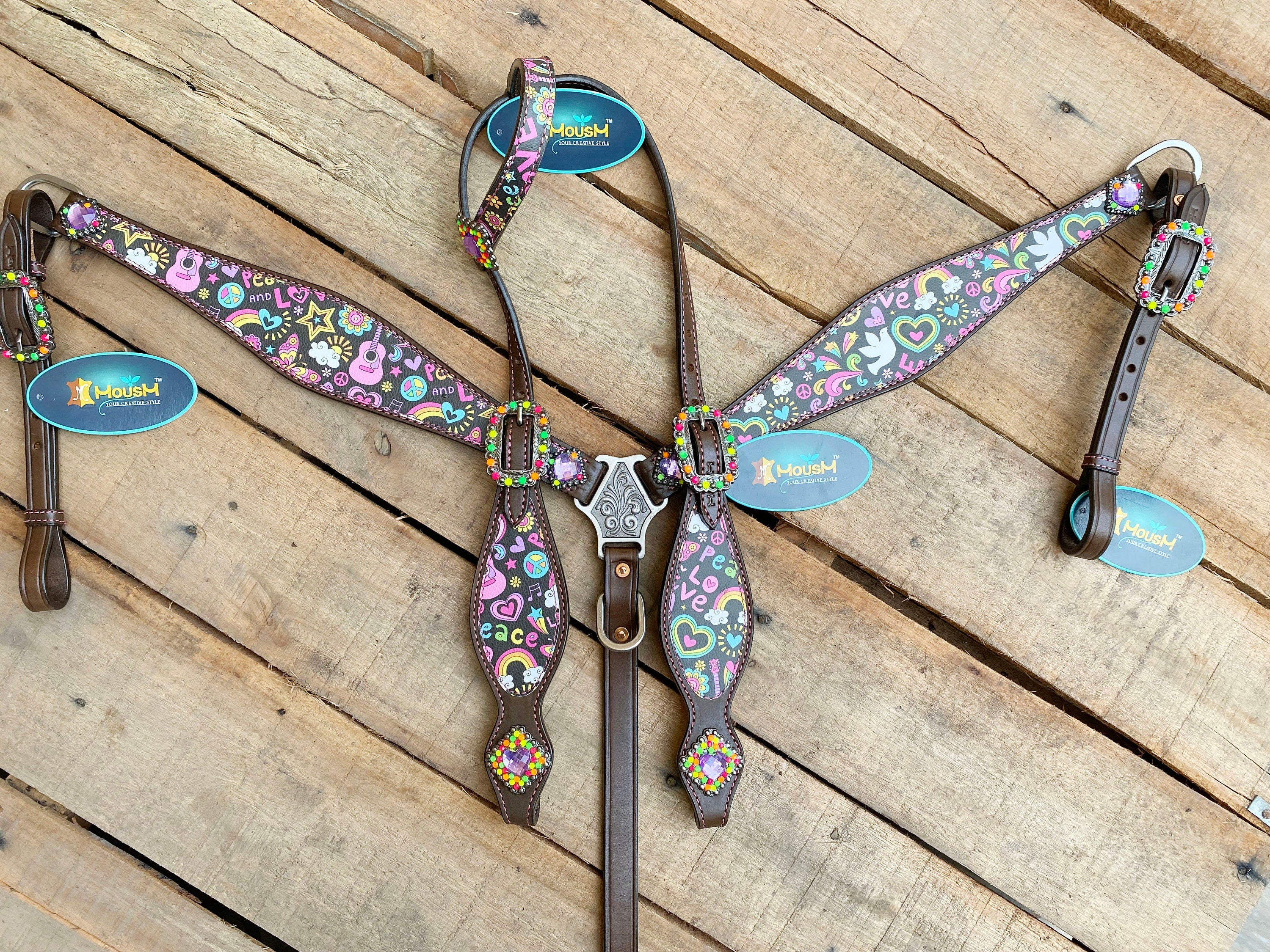 MOUSM Valentine’s Edition Western Headstall and Breast Collar Tack Collection – Western Bridle and Headstall Set Decorated with Printed Celebration Inlay & Copper Studs