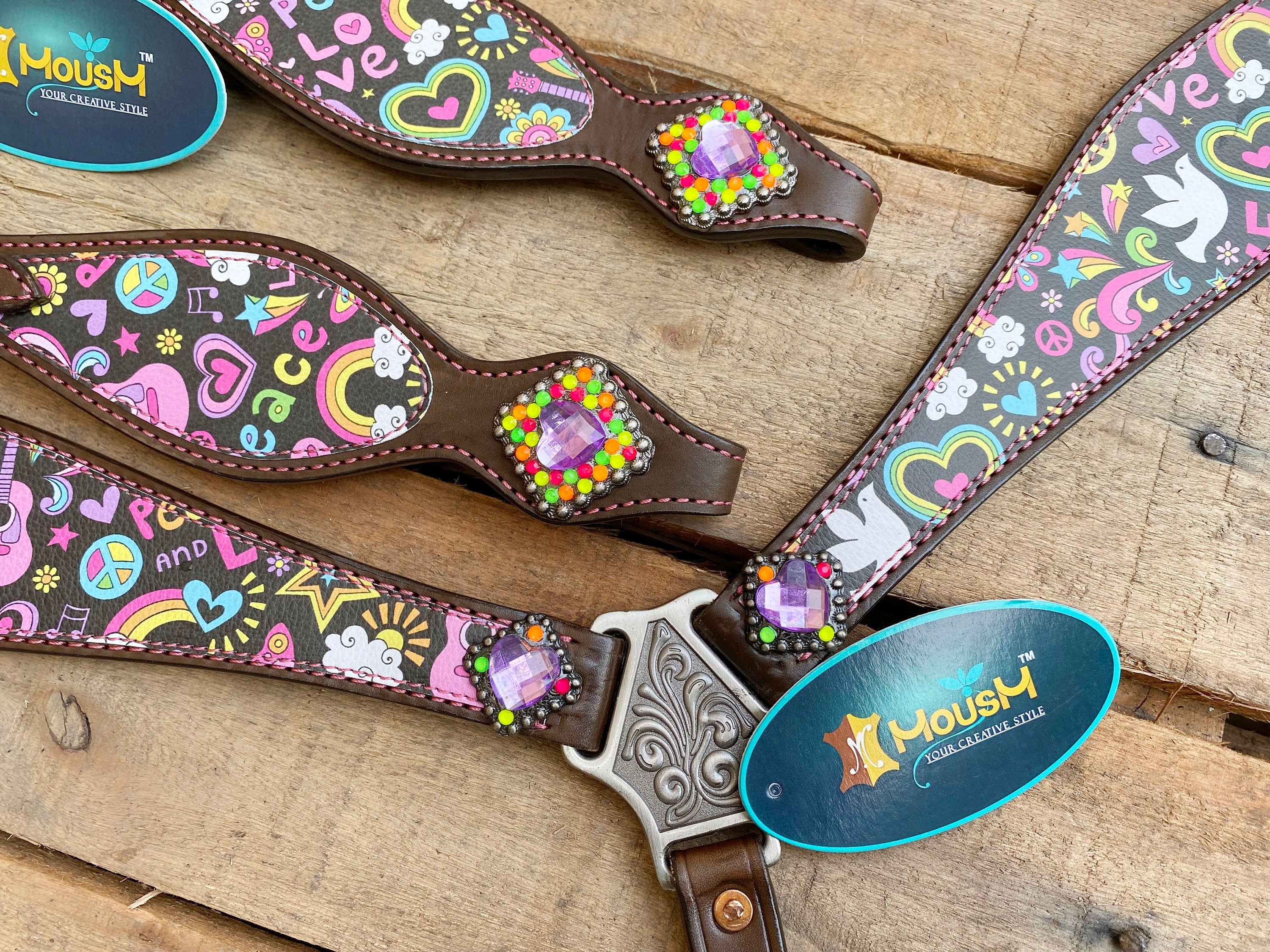 MOUSM Valentine’s Edition Western Headstall and Breast Collar Tack Collection – Western Bridle and Headstall Set Decorated with Printed Celebration Inlay & Copper Studs