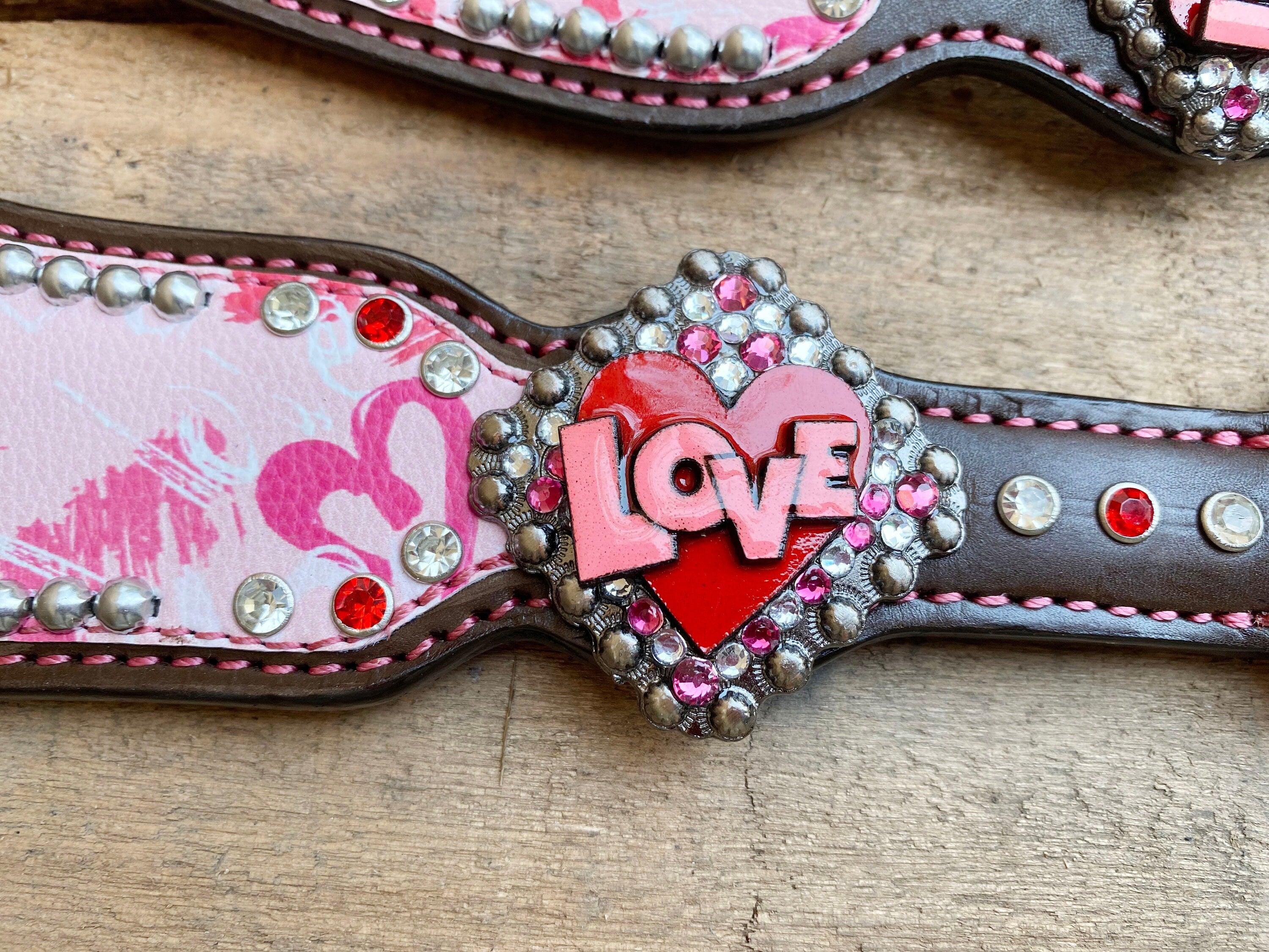 MOUSM Valentine’s Edition Western Headstall and Breast Collar Tack Collection – Western Bridle and Headstall Set Decorated with "I Love You" Inlay & Love Conchos