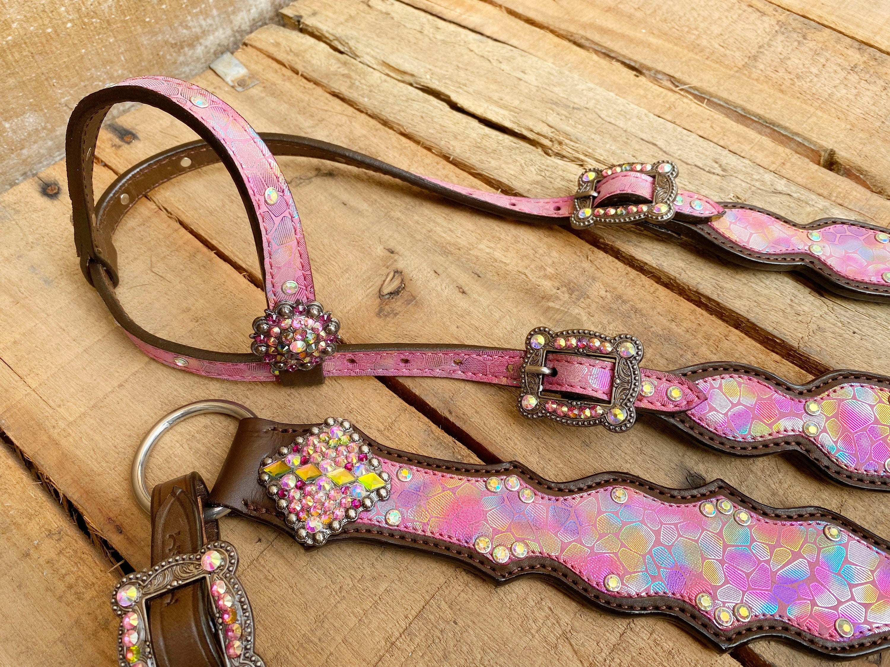 MOUSM Valentine’s Special Western Headstall & Breast Collar Set – Holographic Pink Snake Print, Rhinestones Conchos