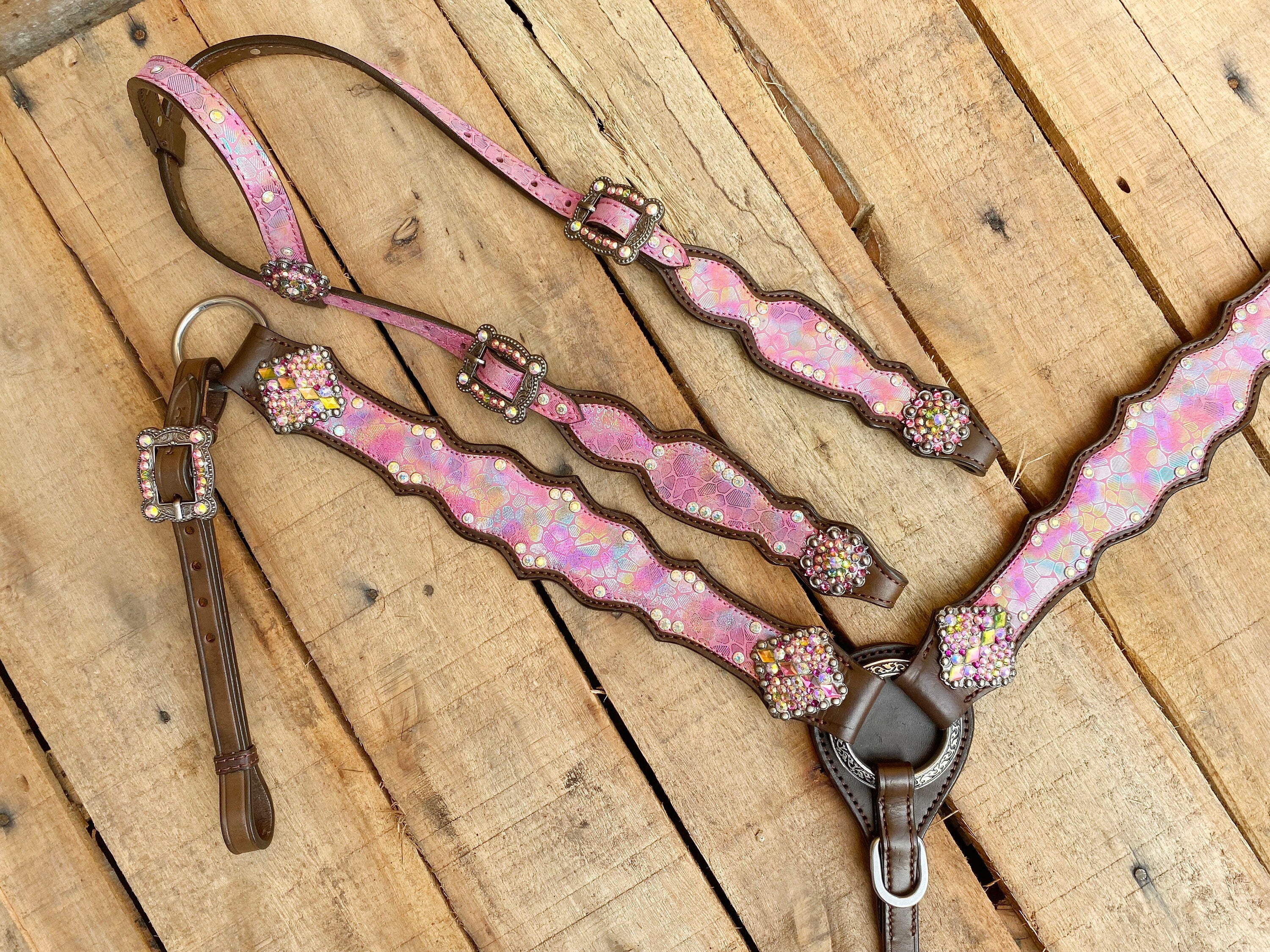 MOUSM Valentine’s Special Western Headstall & Breast Collar Set – Holographic Pink Snake Print, Rhinestones Conchos