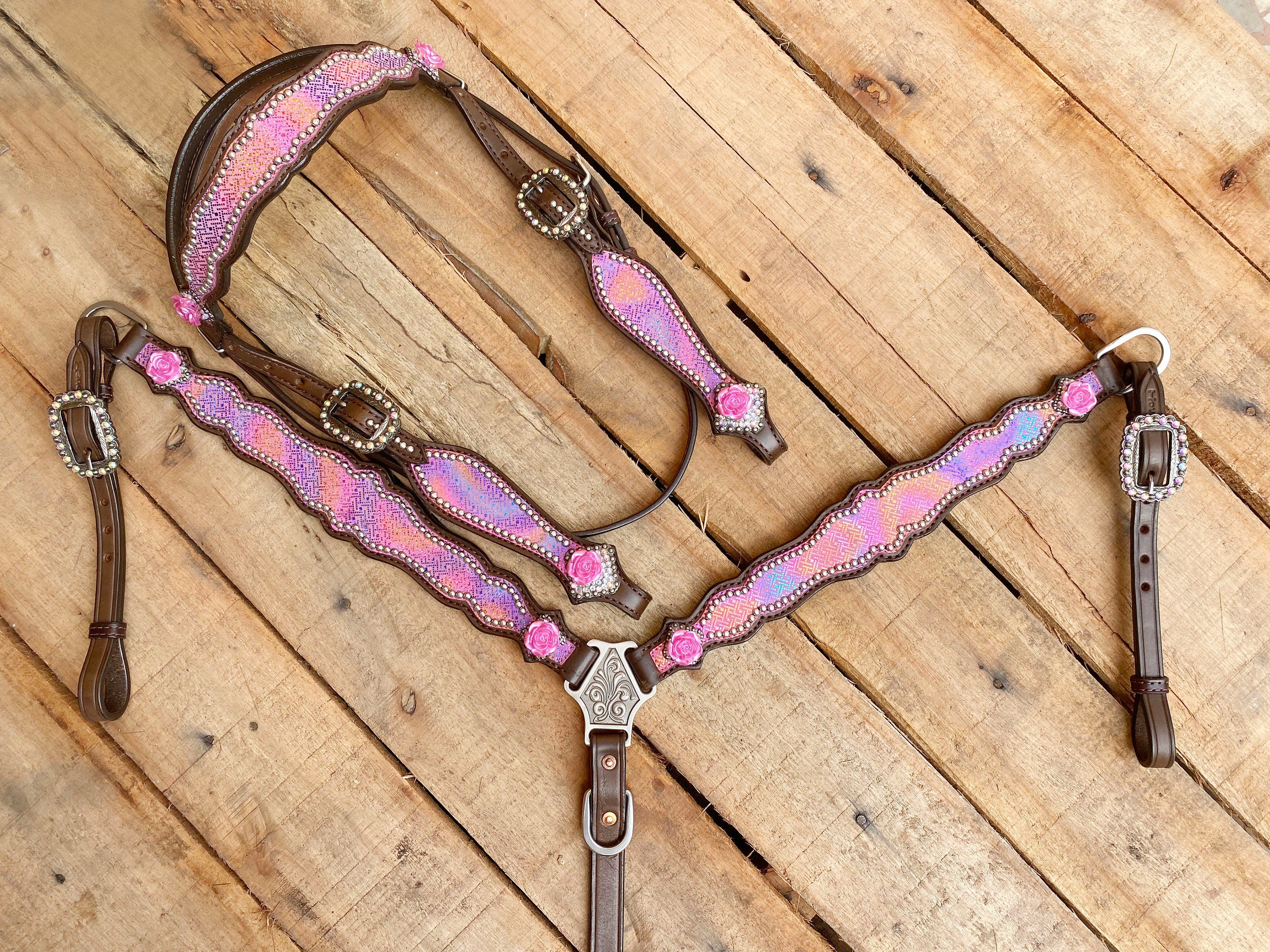 MOUSM Valentine’s Special Western Leather Browband Headstall & Breast Collar Set – Pink Purple Holographic Snake Print, Rose Conchos & Rhinestone Buckles