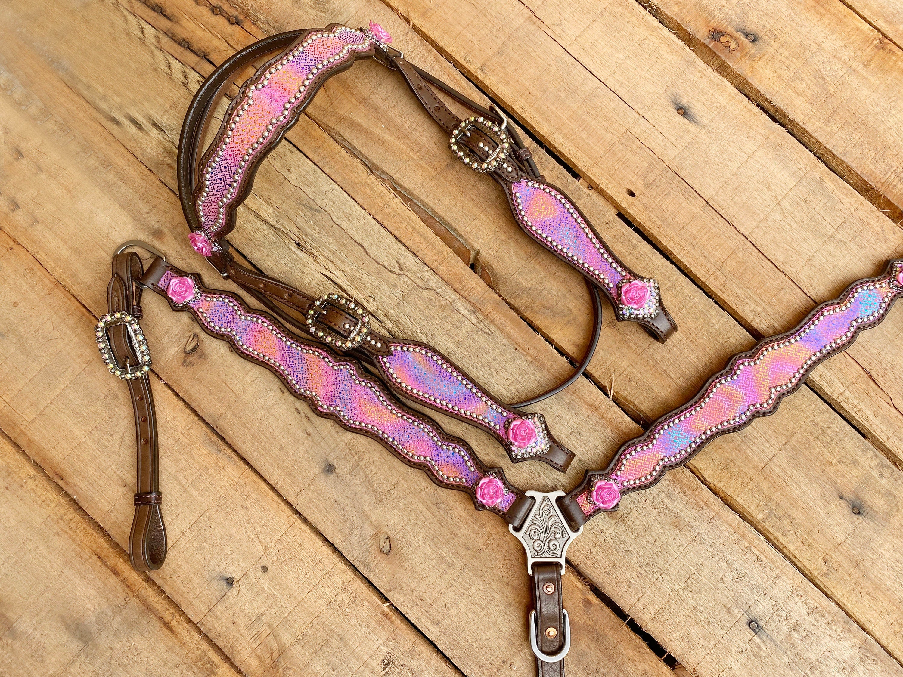 MOUSM Valentine’s Special Western Leather Browband Headstall & Breast Collar Set – Pink Purple Holographic Snake Print, Rose Conchos & Rhinestone Buckles