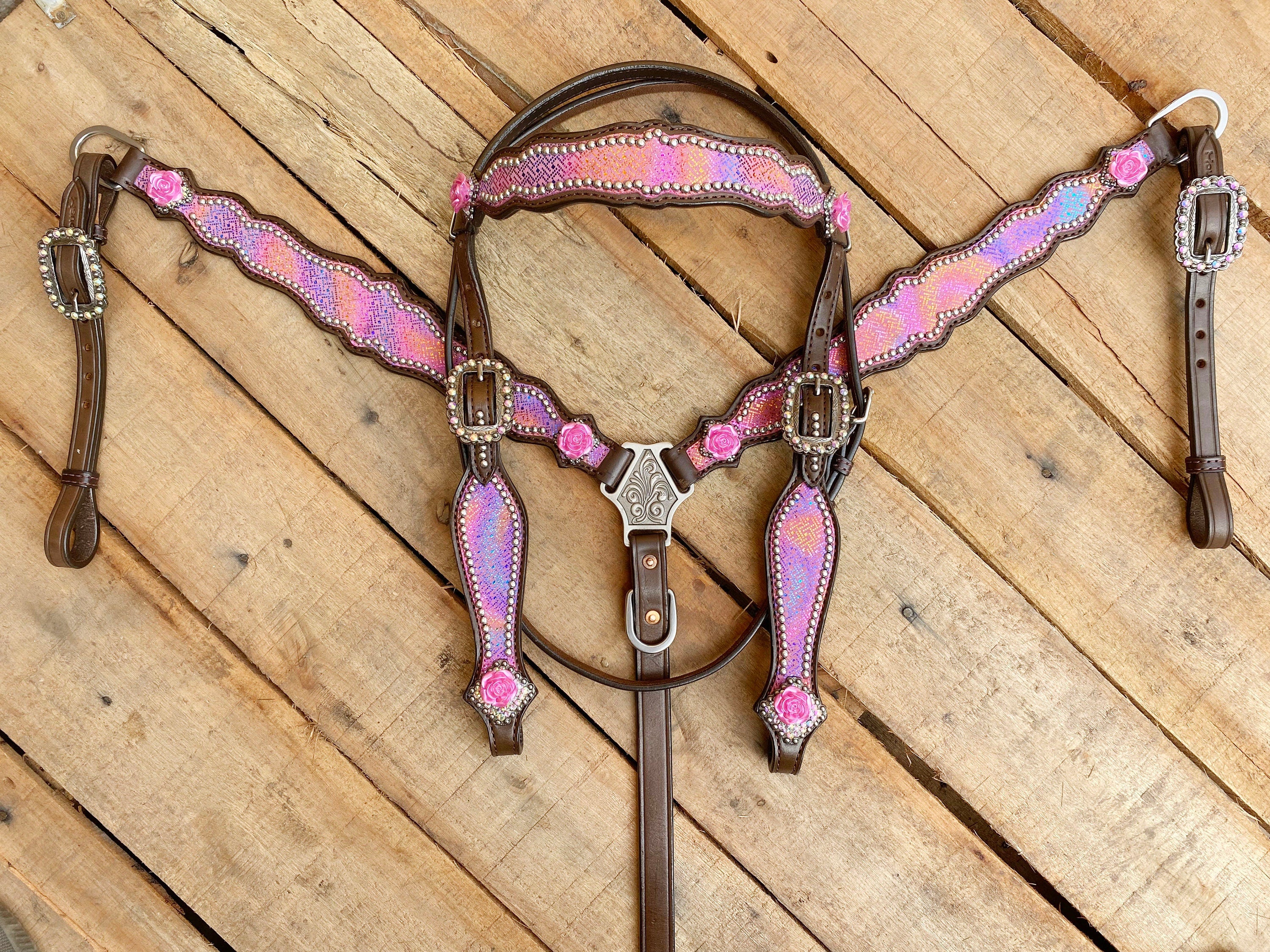 MOUSM Valentine’s Special Western Leather Browband Headstall & Breast Collar Set – Pink Purple Holographic Snake Print, Rose Conchos & Rhinestone Buckles