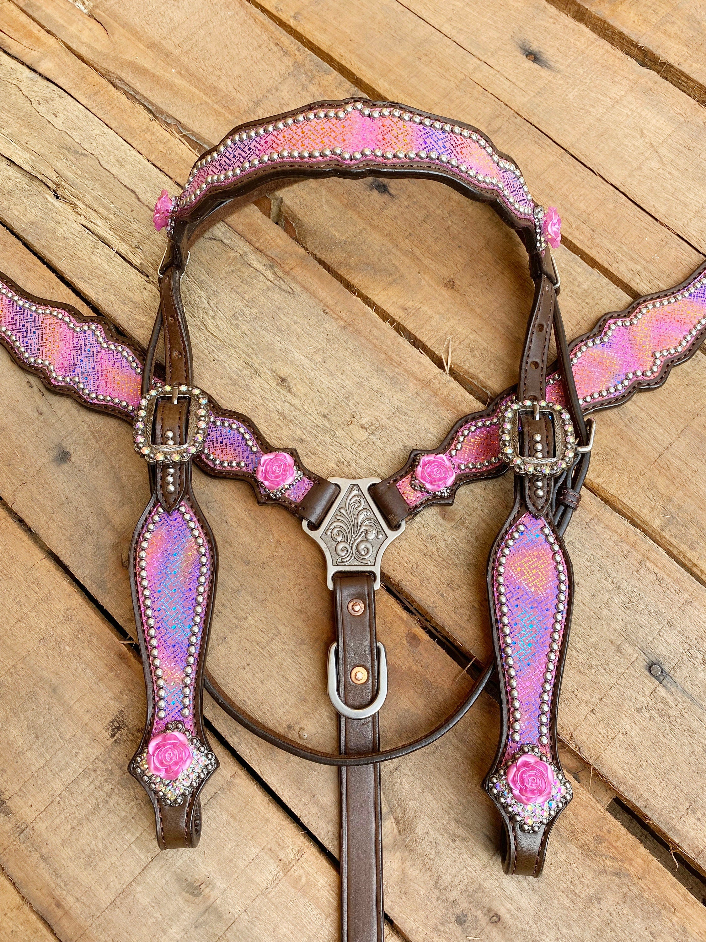 MOUSM Valentine’s Special Western Leather Browband Headstall & Breast Collar Set – Pink Purple Holographic Snake Print, Rose Conchos & Rhinestone Buckles