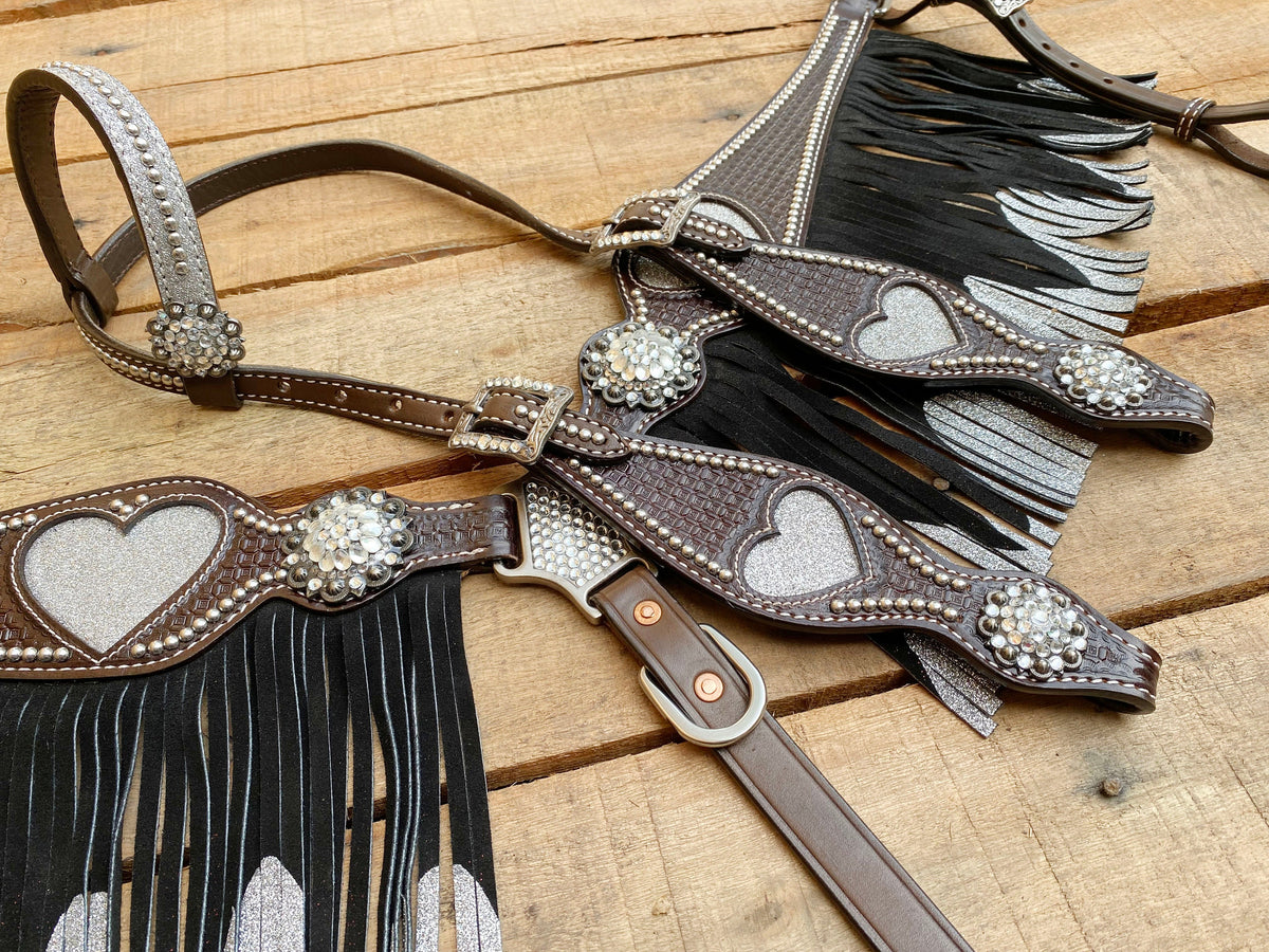 Silver Glittered Heart Cutouts with Fringe Headstall Tack Set