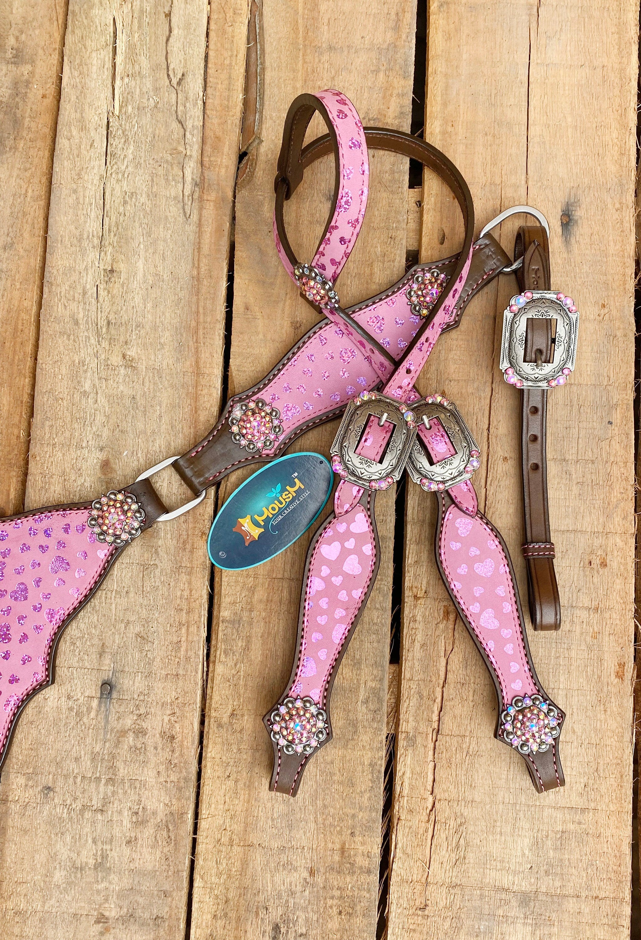 MOUSM Valentine’s Day Western Leather Headstall and Breast Collar Set – Printed Pink Heart Patch & Rhinestone Concho