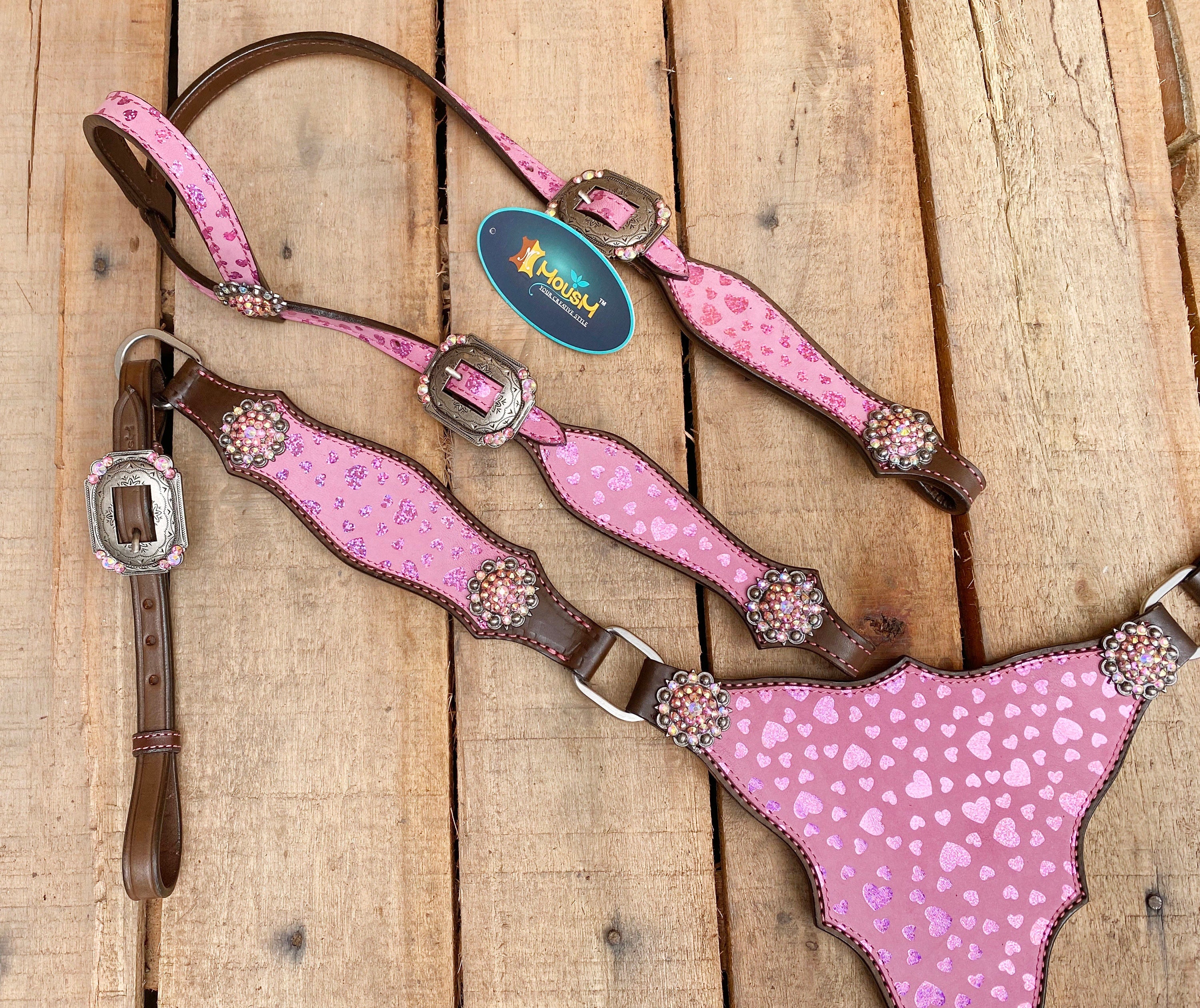 MOUSM Valentine’s Day Western Leather Headstall and Breast Collar Set – Printed Pink Heart Patch & Rhinestone Concho
