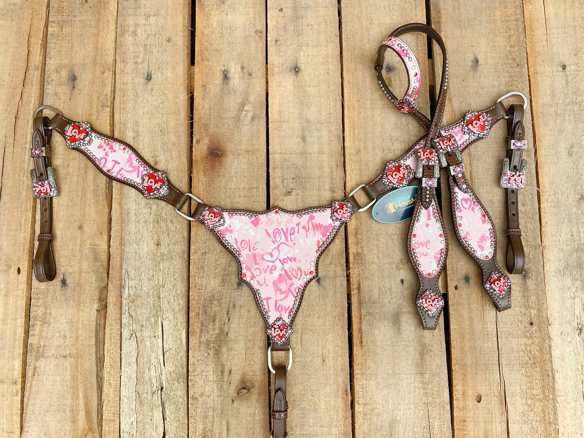 "I Love You" Heart Patch with Silver Studs Headstall Tack Set