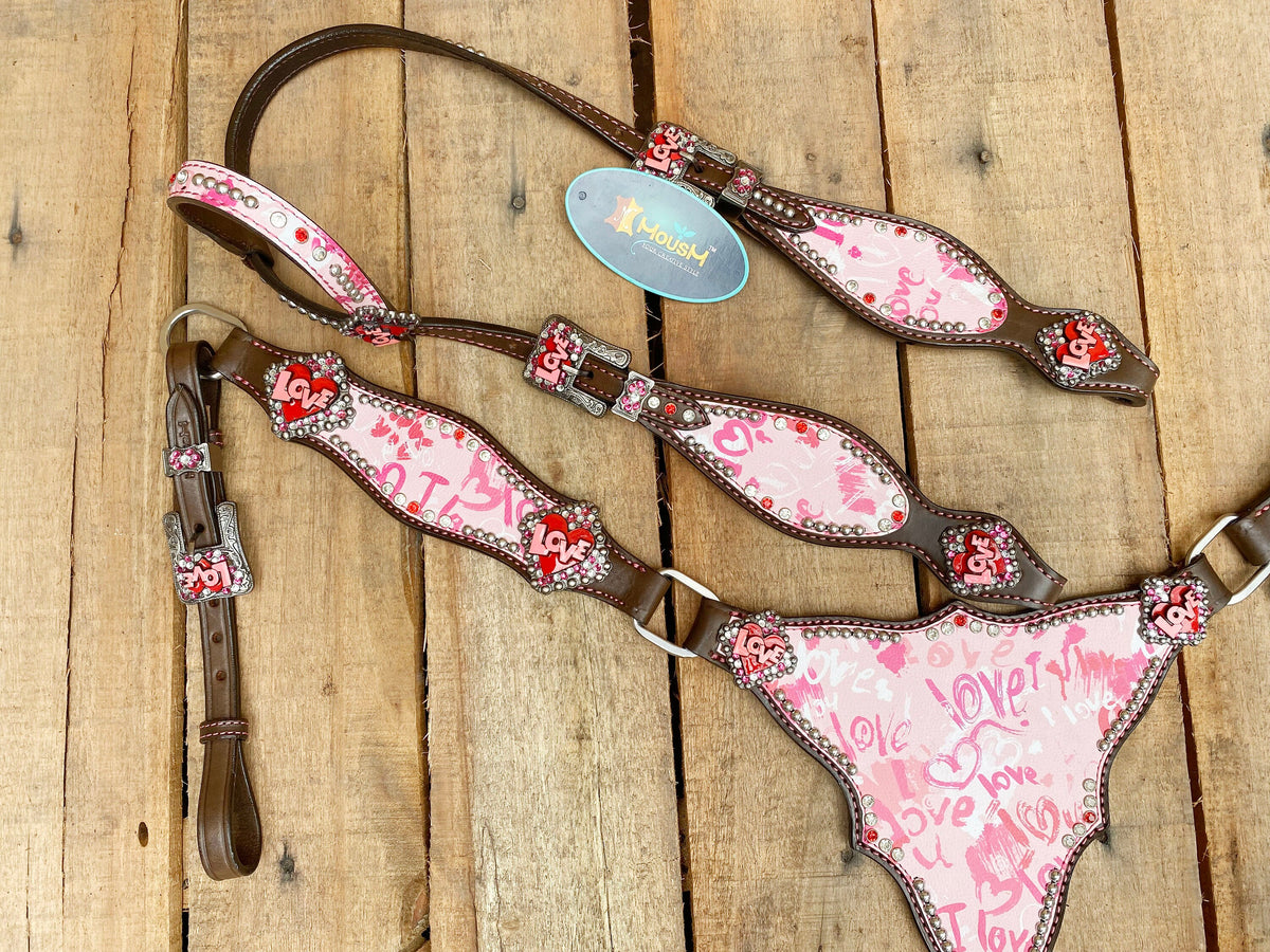 "I Love You" Heart Patch with Silver Studs Headstall Tack Set
