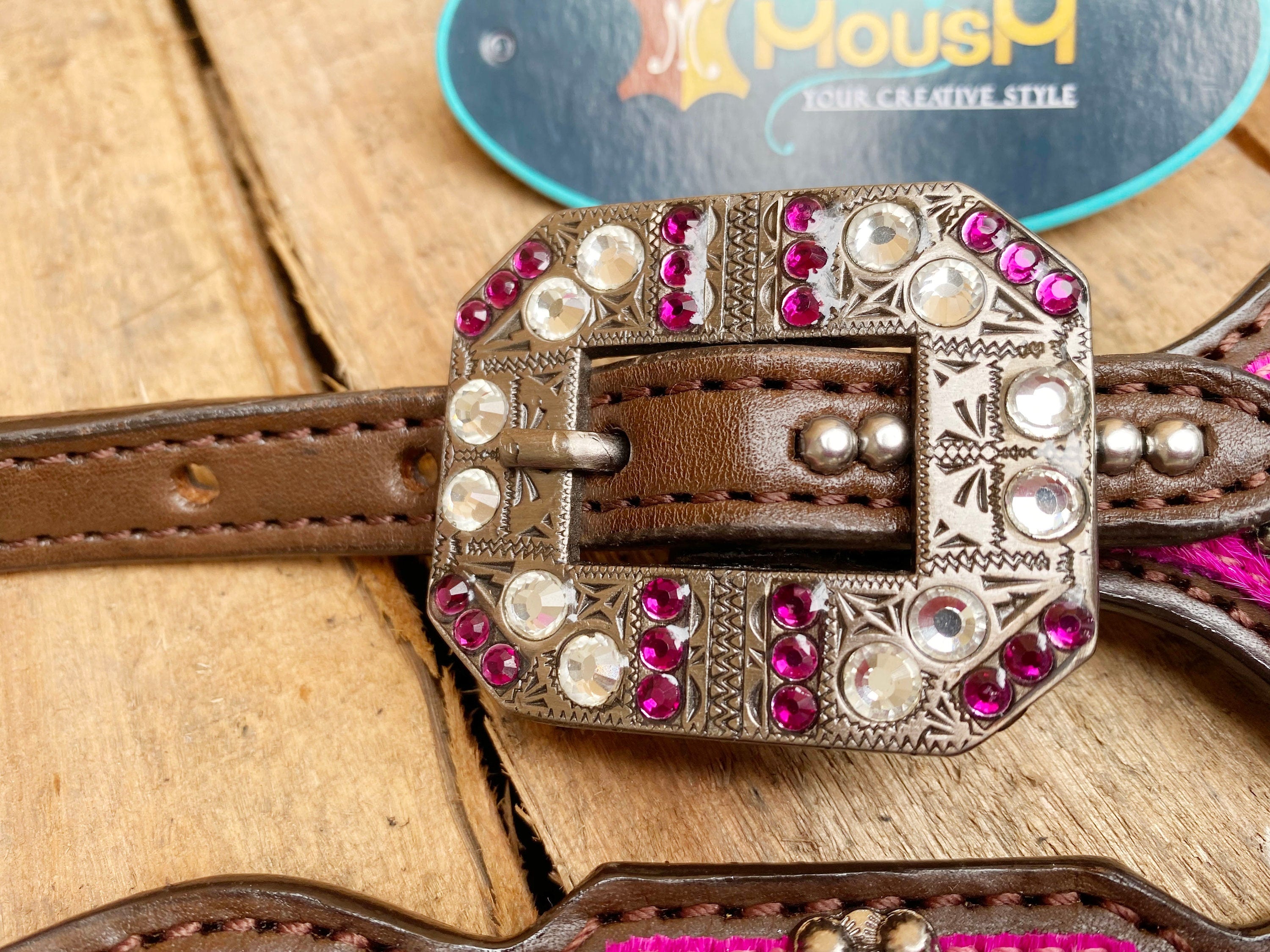MOUSM Western Horse Tack Set - Made from Argentina Cow Leather Pink-Silver Metallic Acid Wash Cowhide Look with Rhinestones Conchos, Antique Nickel Hardware
