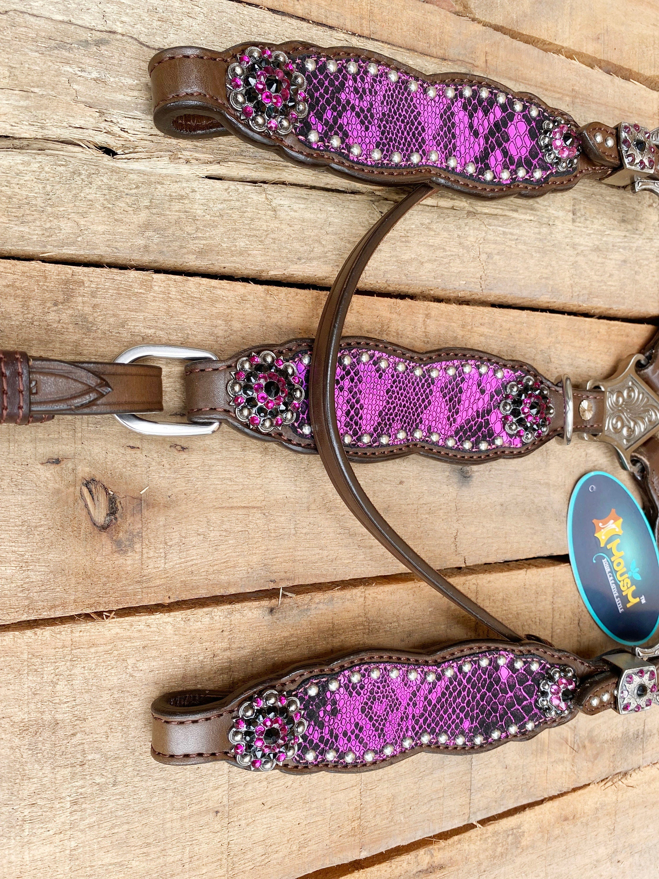 MOUSM Valentine Day Western Leather Browband Headstall and Breast Collar Set – Decorated with Pink Alligator Inlay with Rhinestones and Matching Conchos