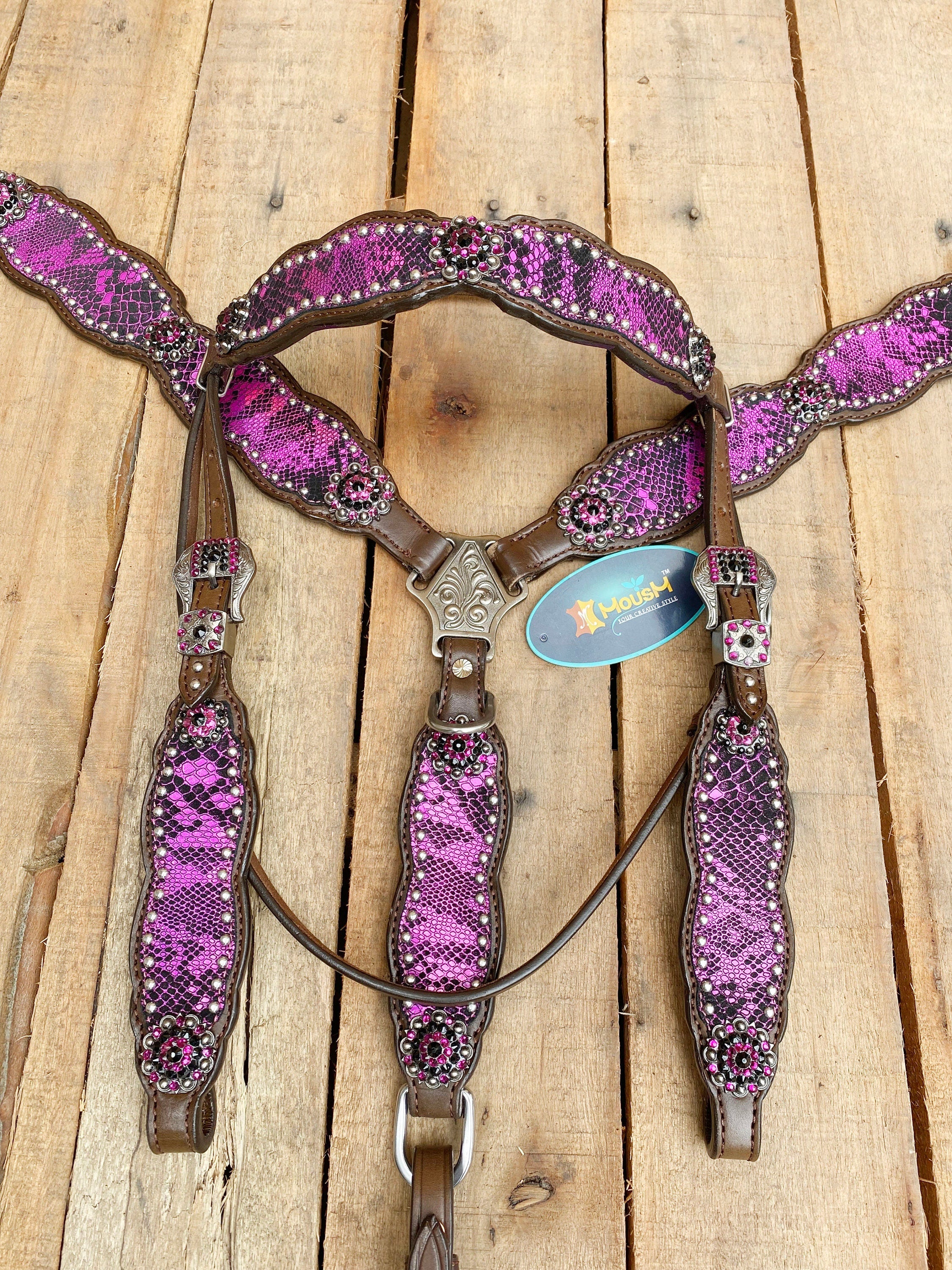 MOUSM Valentine Day Western Leather Browband Headstall and Breast Collar Set – Decorated with Pink Alligator Inlay with Rhinestones and Matching Conchos