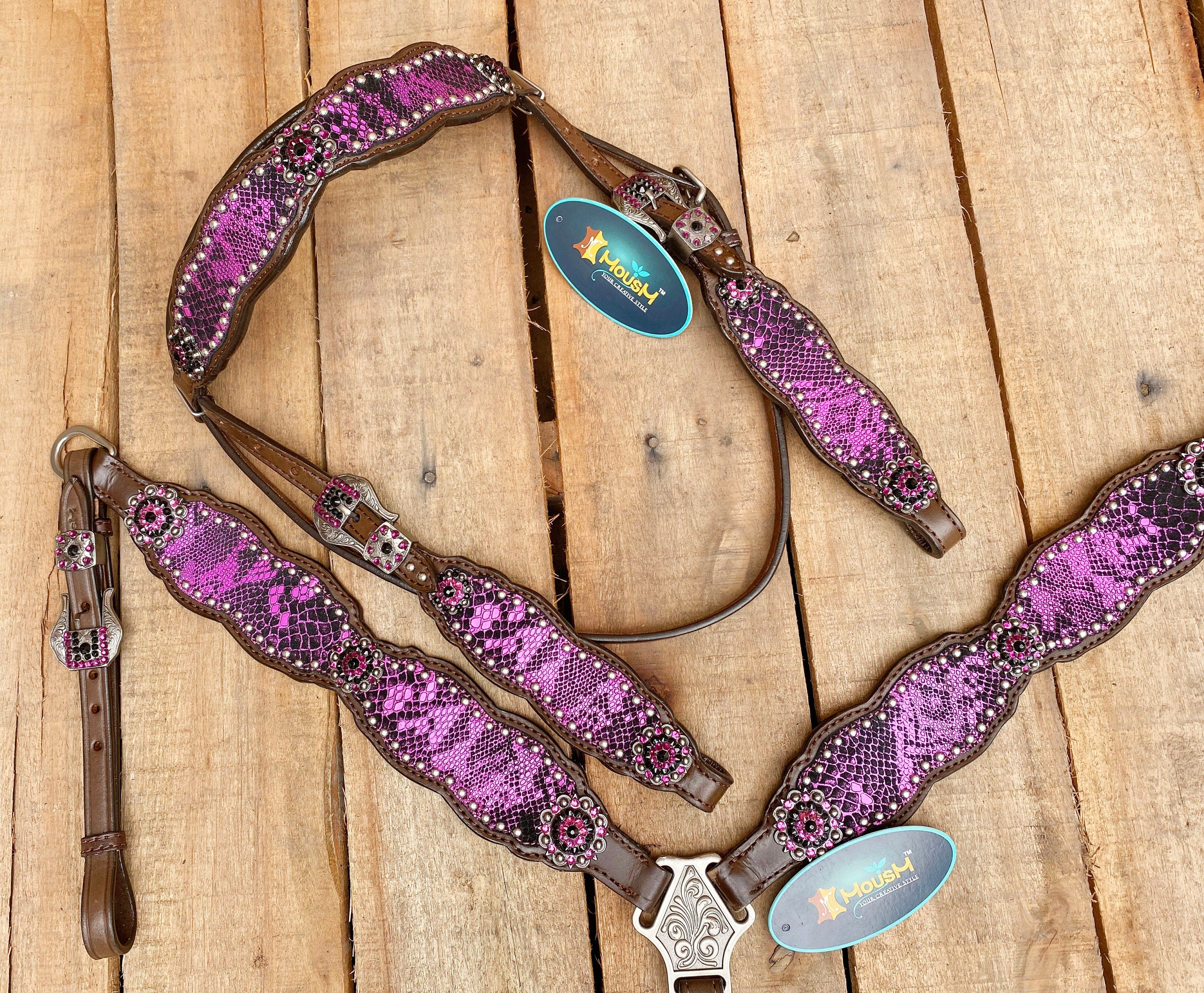 MOUSM Valentine Day Western Leather Browband Headstall and Breast Collar Set – Decorated with Pink Alligator Inlay with Rhinestones and Matching Conchos