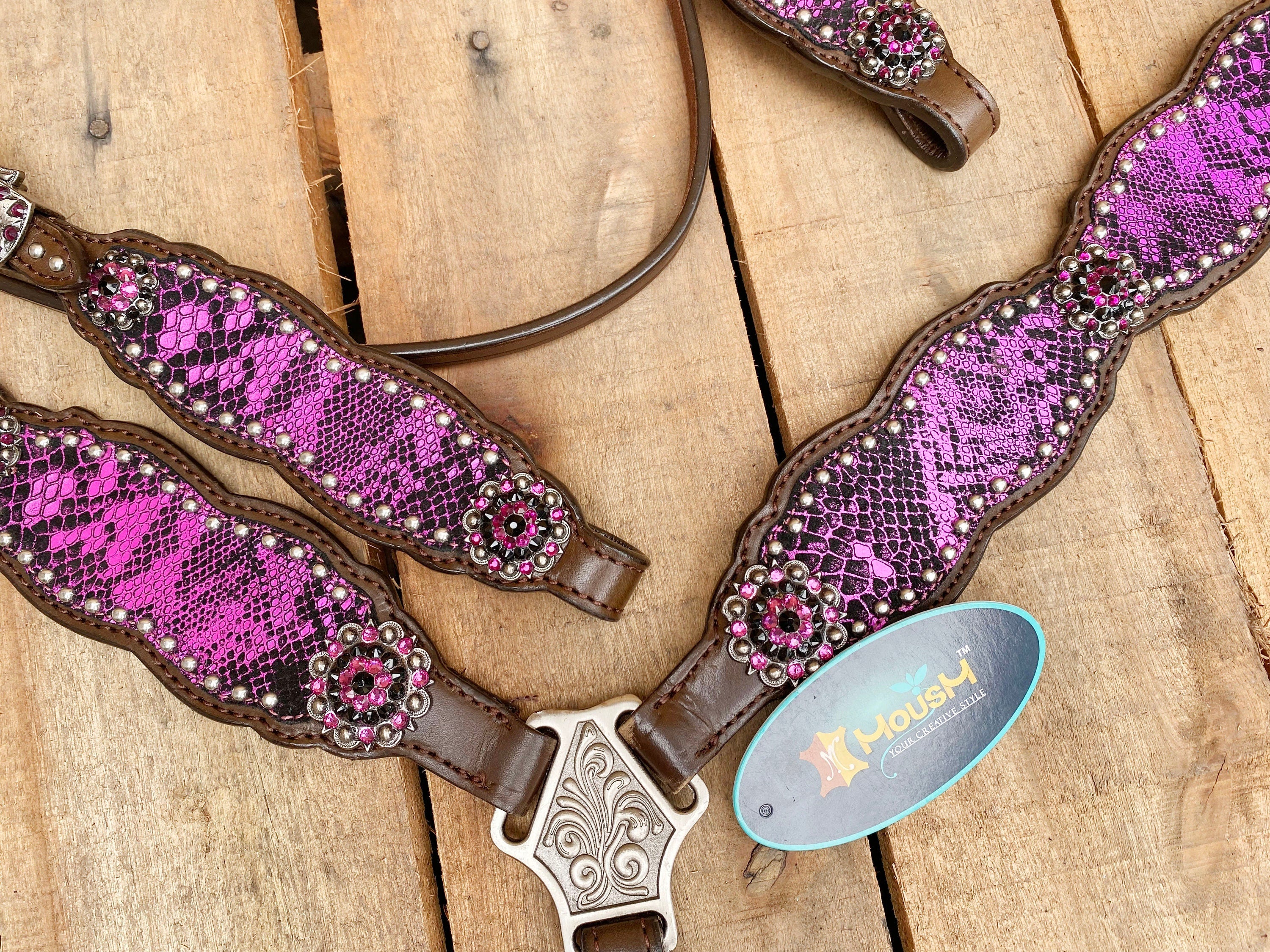 MOUSM Valentine Day Western Leather Browband Headstall and Breast Collar Set – Decorated with Pink Alligator Inlay with Rhinestones and Matching Conchos