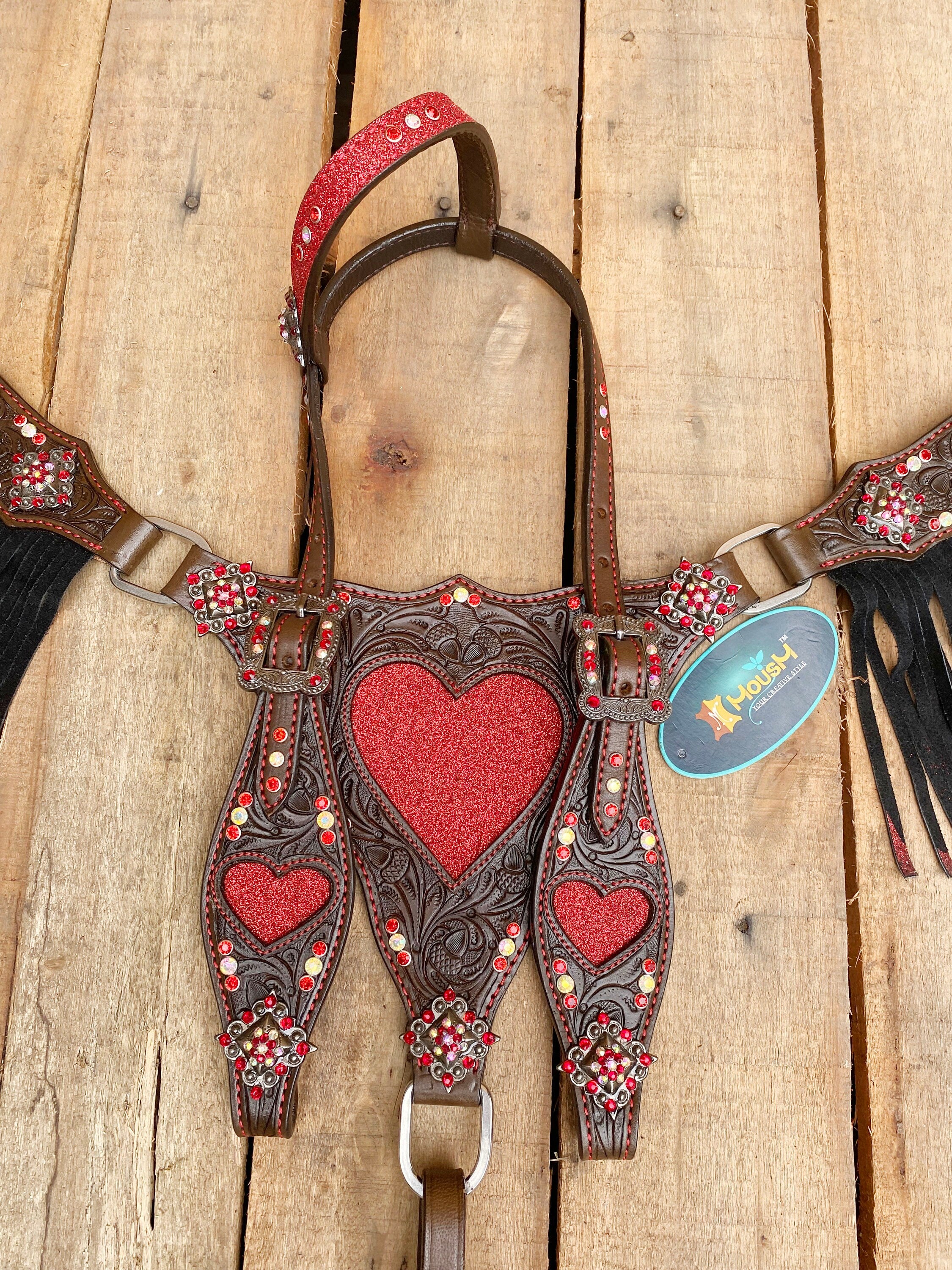 MOUSM Valentine Day Western Leather Headstall and Breast Collar Set – Decorated with Red Heart Cut Patch with Red Rhinestone Concho & Two-Tone Glitter Fringe