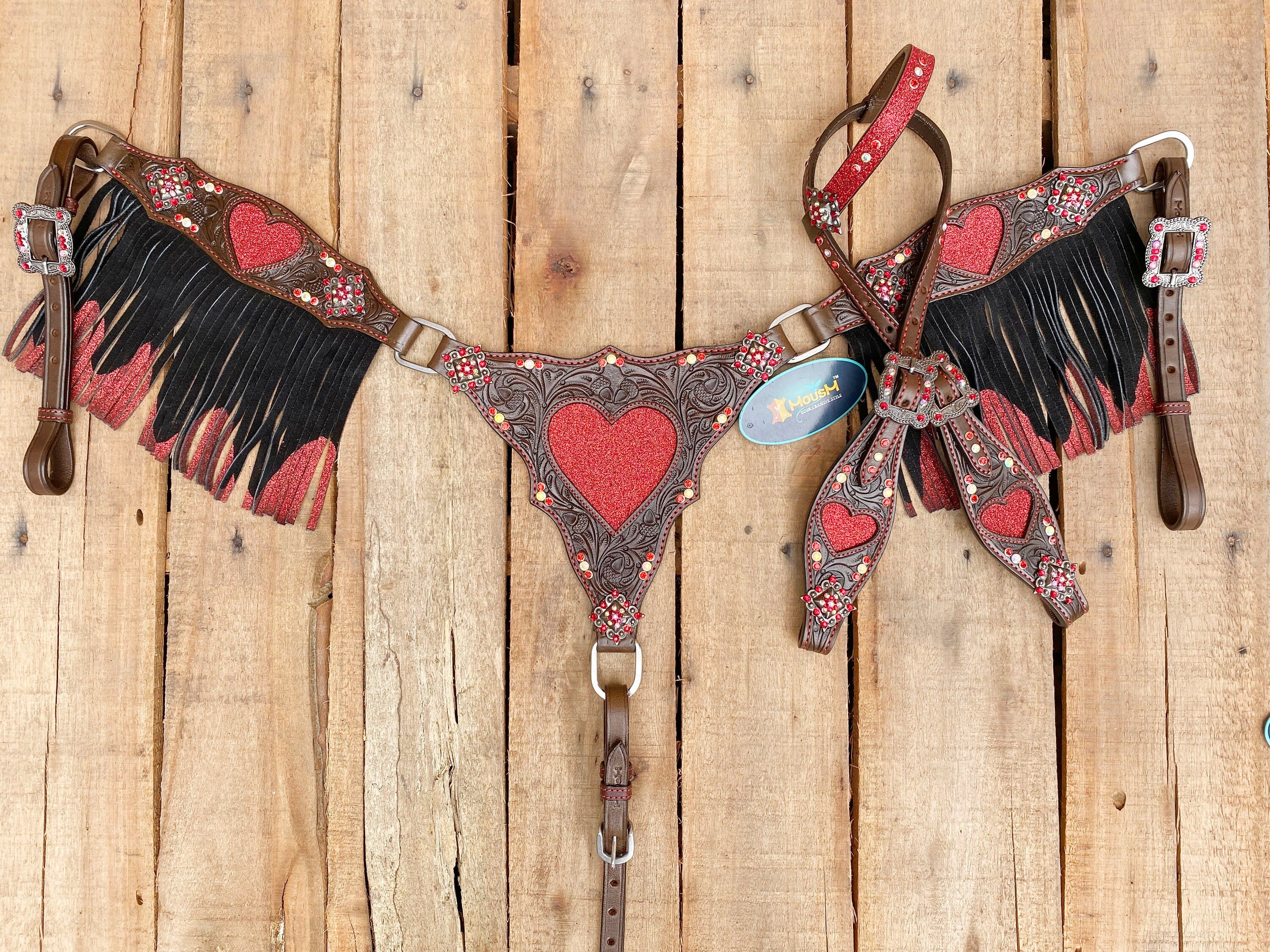 MOUSM Valentine Day Western Leather Headstall and Breast Collar Set – Decorated with Red Heart Cut Patch with Red Rhinestone Concho & Two-Tone Glitter Fringe
