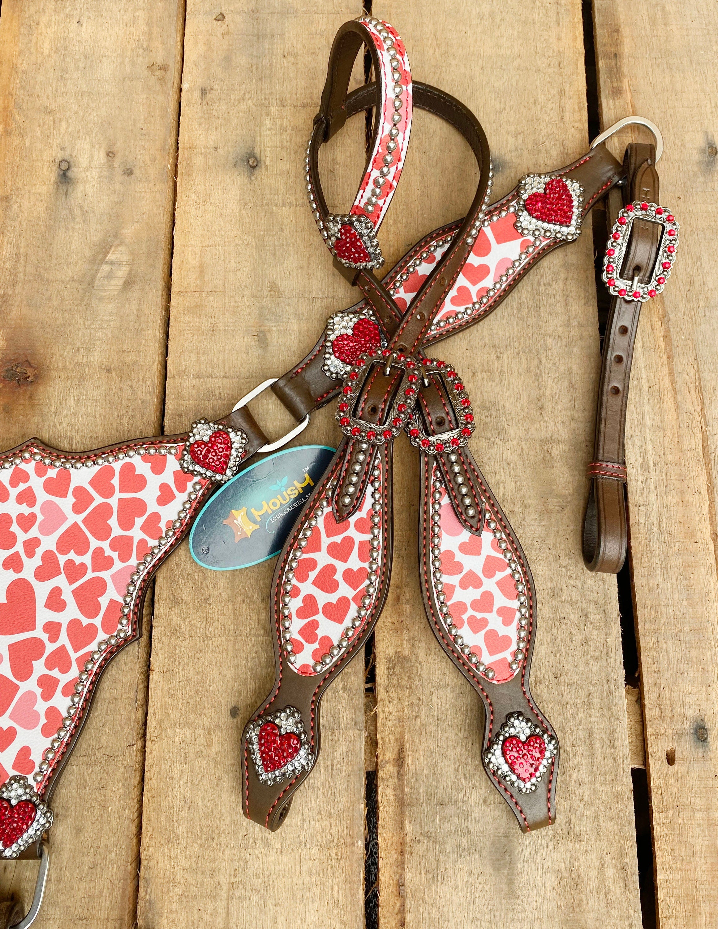 MOUSM Valentine Day Western Leather Headstall and Breast Collar Set – Printed Pink Heart Patch with Red Heart Concho, Perfect Valentine’s Gift