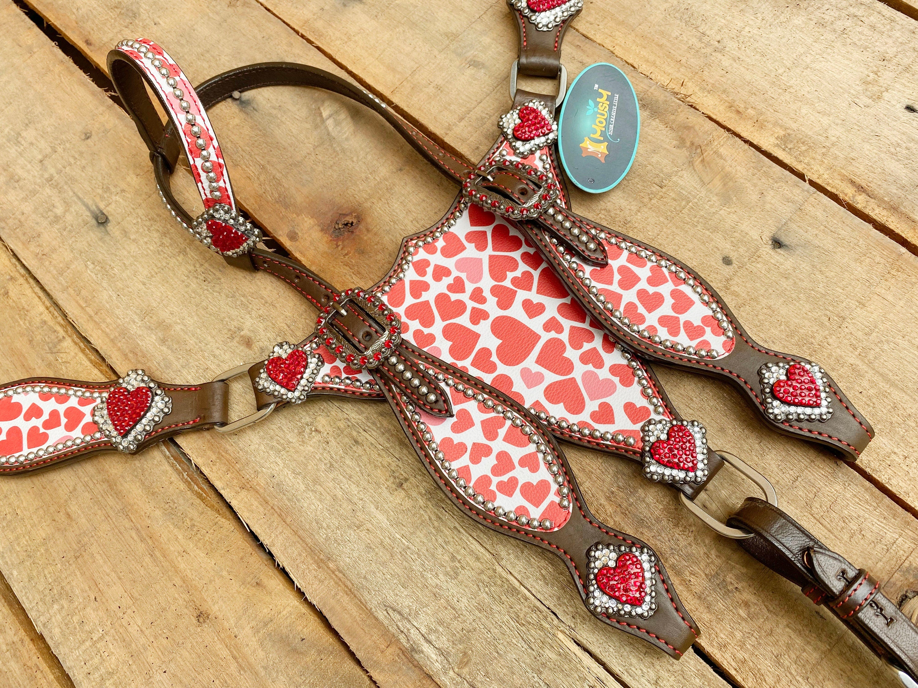 MOUSM Valentine Day Western Leather Headstall and Breast Collar Set – Printed Pink Heart Patch with Red Heart Concho, Perfect Valentine’s Gift
