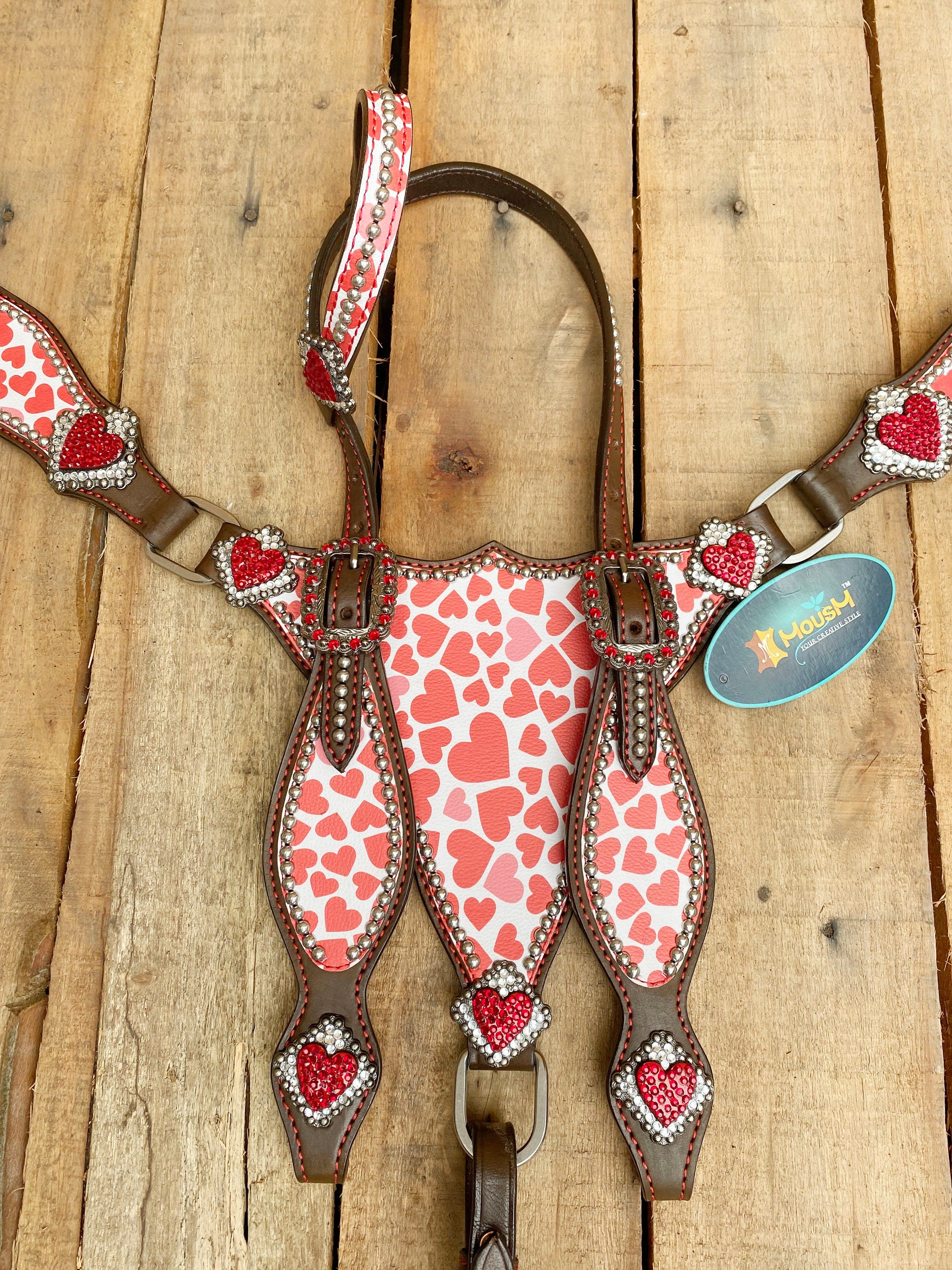 MOUSM Valentine Day Western Leather Headstall and Breast Collar Set – Printed Pink Heart Patch with Red Heart Concho, Perfect Valentine’s Gift