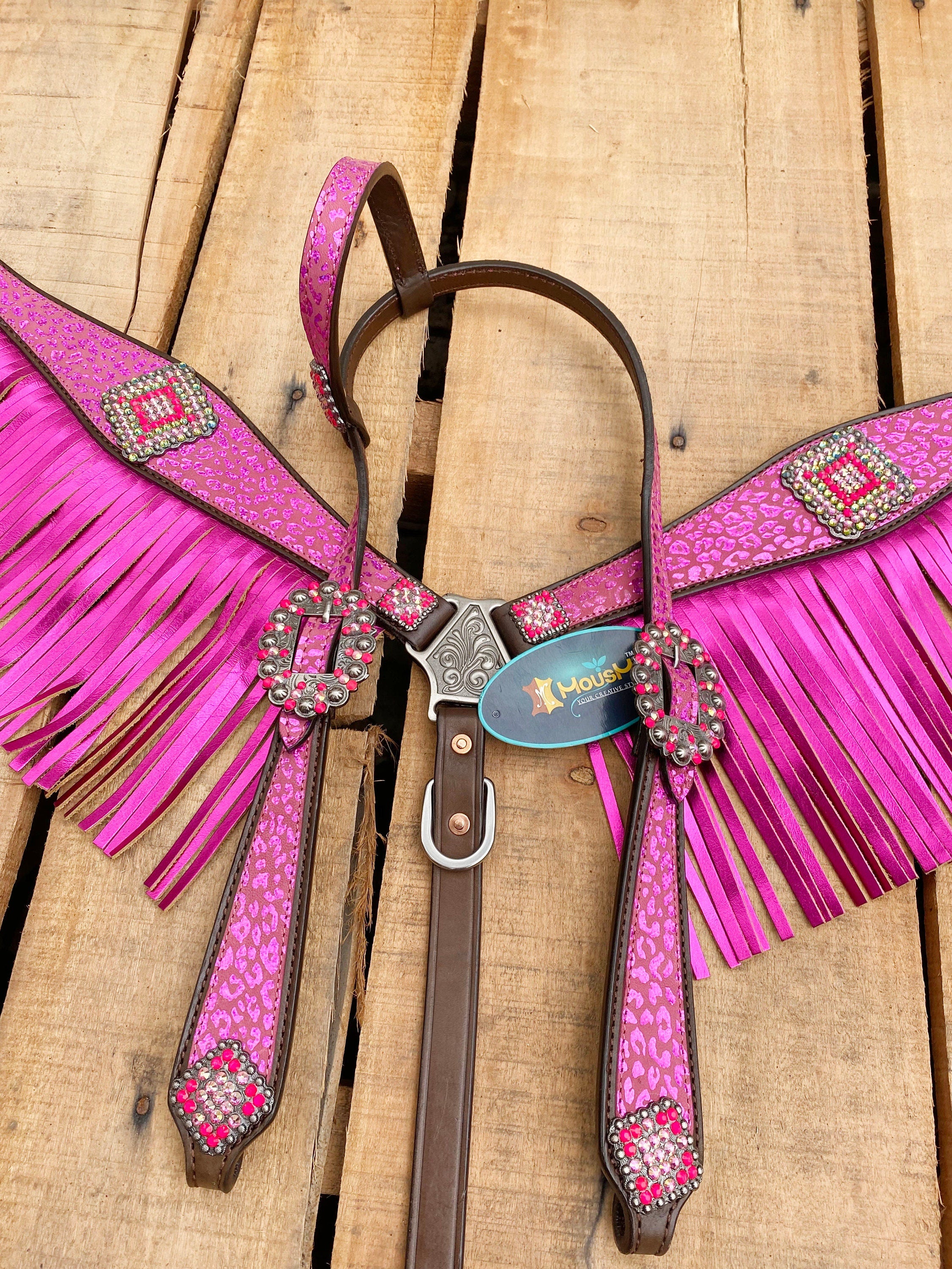MOUSM Valentine Day Western Argentina Cow Leather Headstall and Breast Collar Set - Decorated with Pink Leopard Print with Red Rhinestones & Fringe