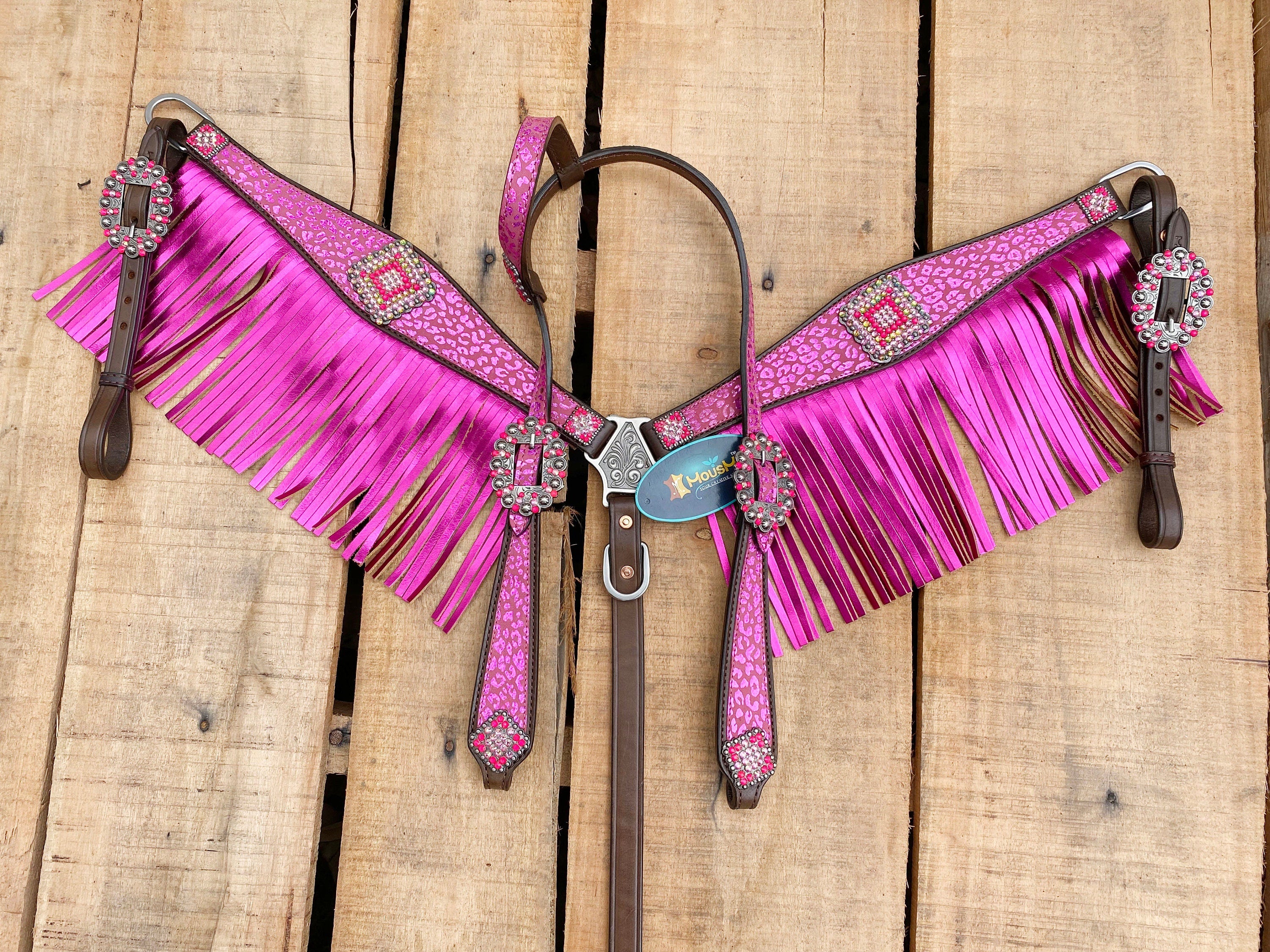 MOUSM Valentine Day Western Argentina Cow Leather Headstall and Breast Collar Set - Decorated with Pink Leopard Print with Red Rhinestones & Fringe