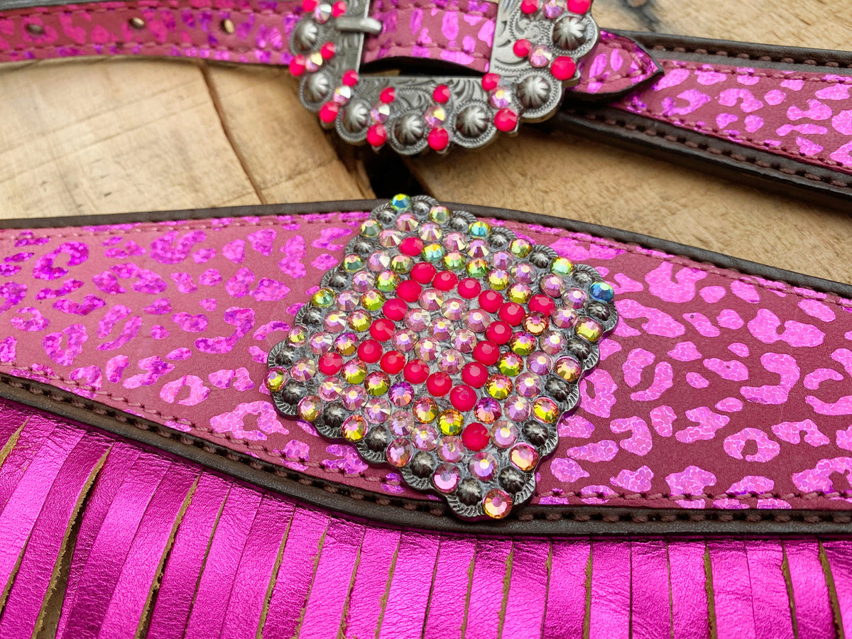 Pink Leopard Print and Fringe Headstall & Breast Collar Tack Set
