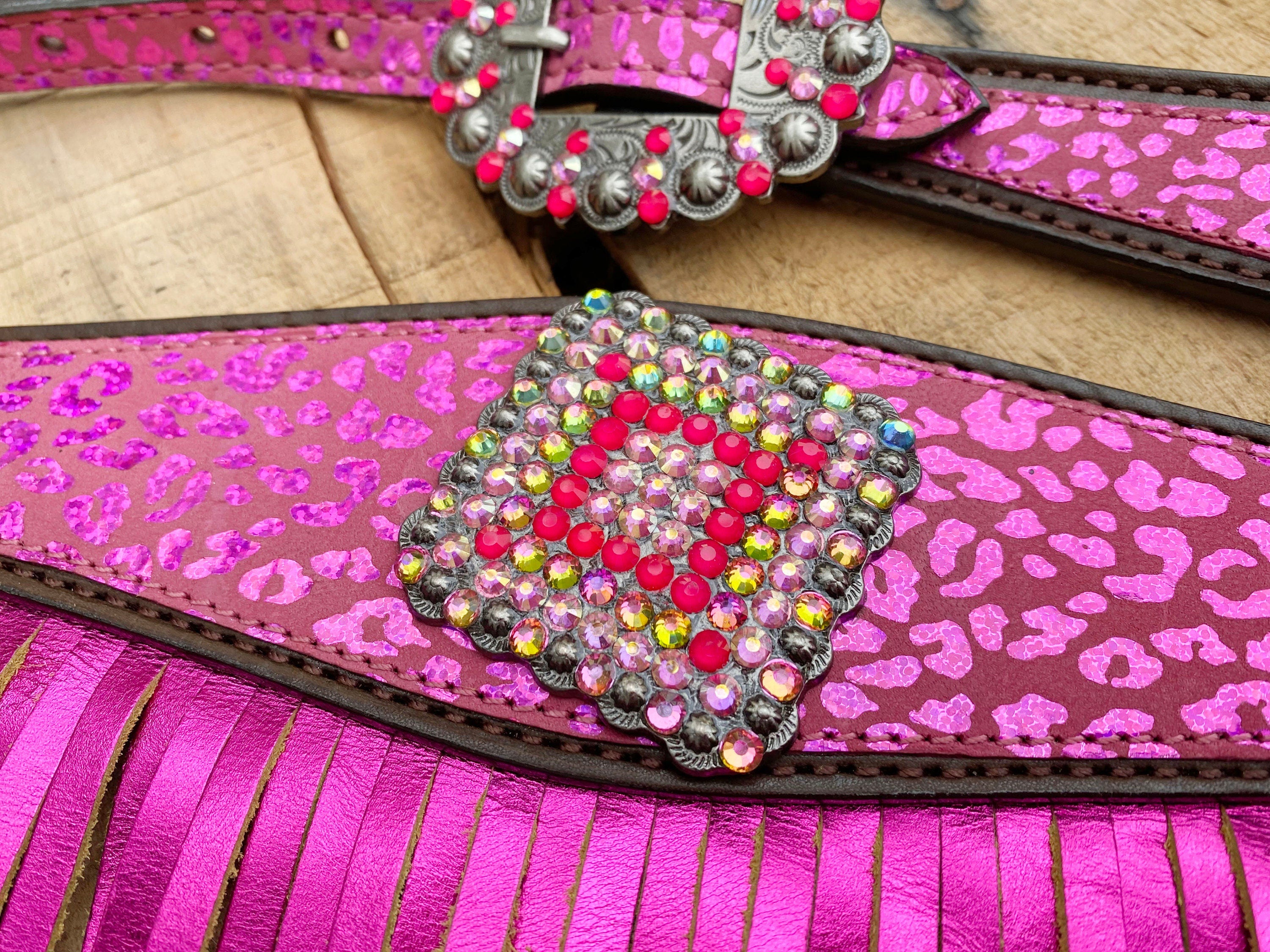 MOUSM Valentine Day Western Argentina Cow Leather Headstall and Breast Collar Set - Decorated with Pink Leopard Print with Red Rhinestones & Fringe