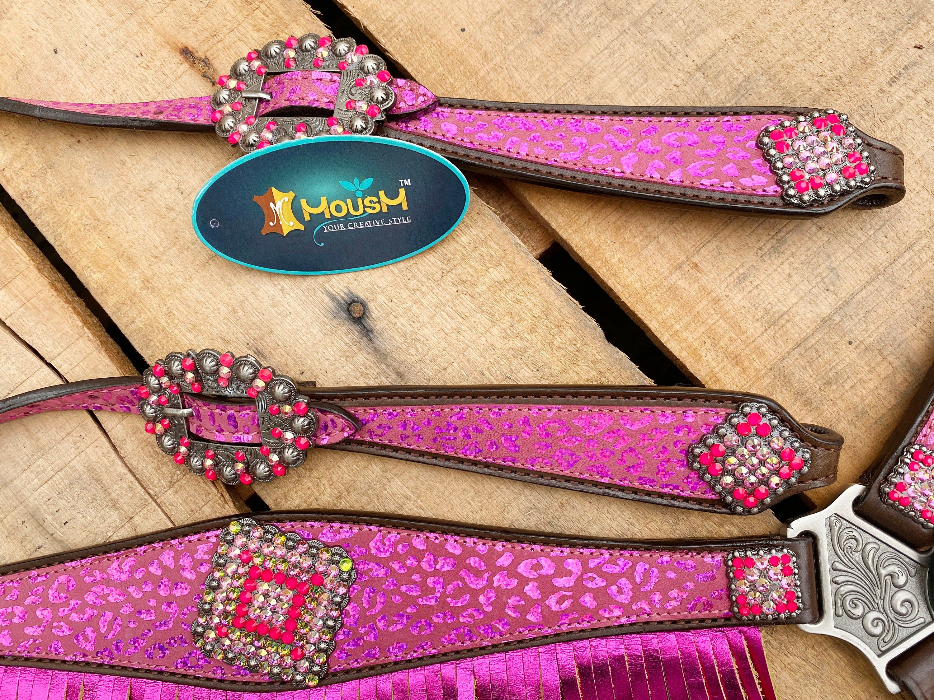 MOUSM Valentine Day Western Argentina Cow Leather Headstall and Breast Collar Set - Decorated with Pink Leopard Print with Red Rhinestones & Fringe