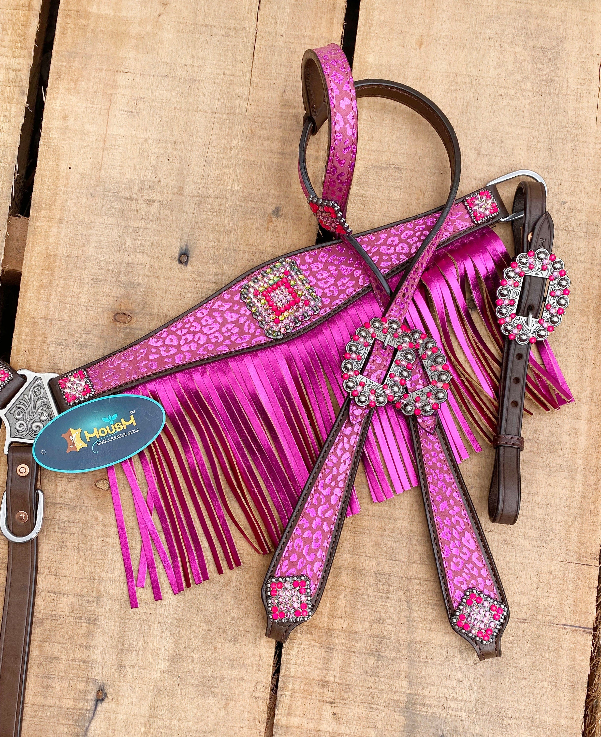 MOUSM Valentine Day Western Argentina Cow Leather Headstall and Breast Collar Set - Decorated with Pink Leopard Print with Red Rhinestones & Fringe