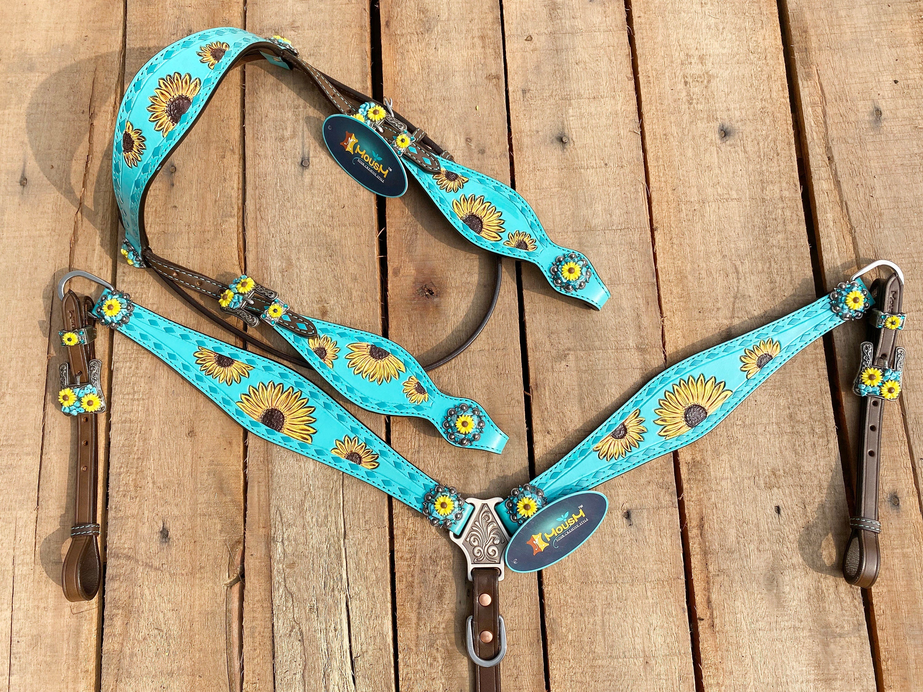 MOUSM Western Horse Tack Collection – Western Bridles and Headstalls Decorated Hand-Tooled Sunflower & Turquoise Concho Design